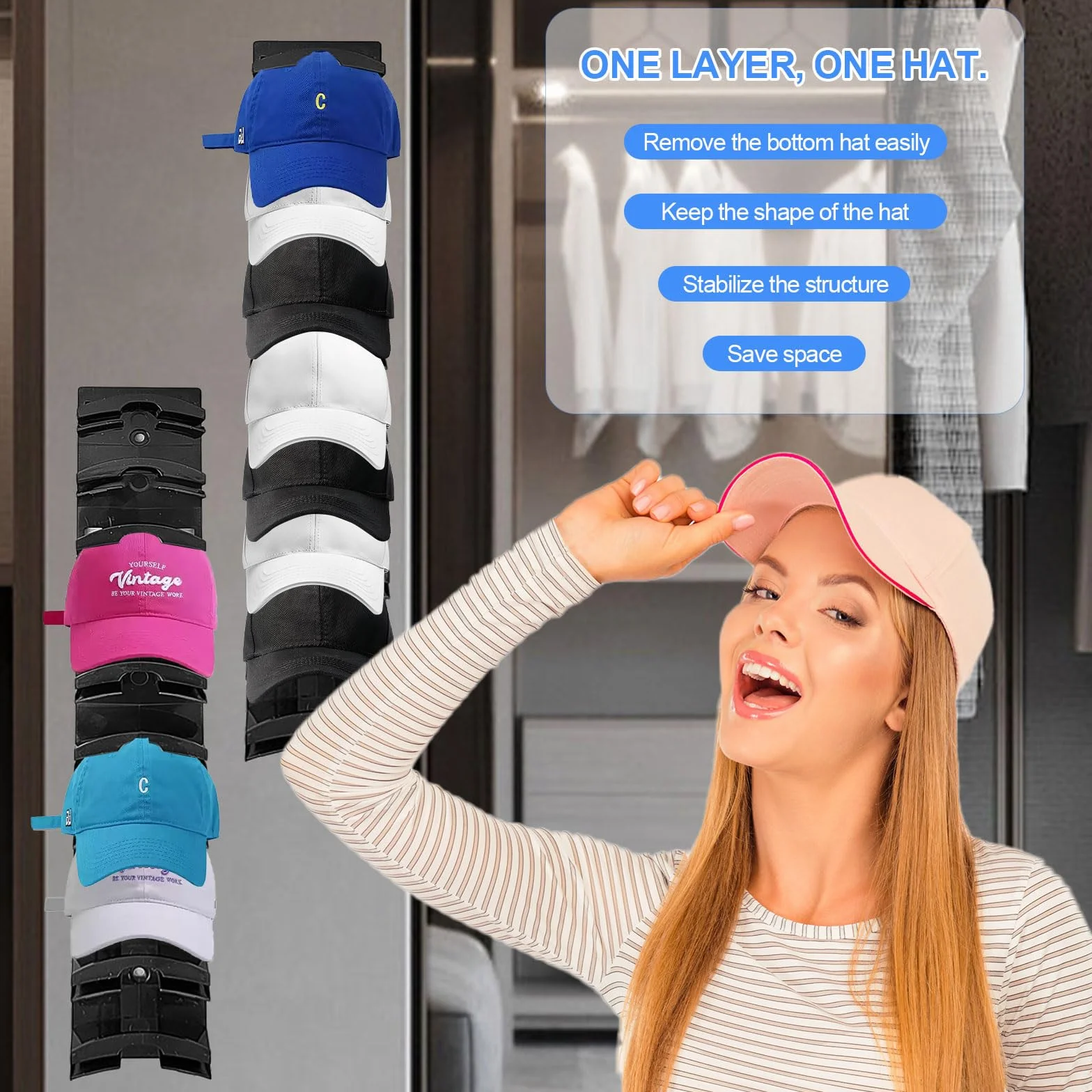 2 Pezzi Porta Cappelli da Parete, con Adesivo Forte/Trapano a Muro, Due Metodi di Fissaggio, Materiale Plastico, Possono Sostenere 20 Cappellini (Nero)