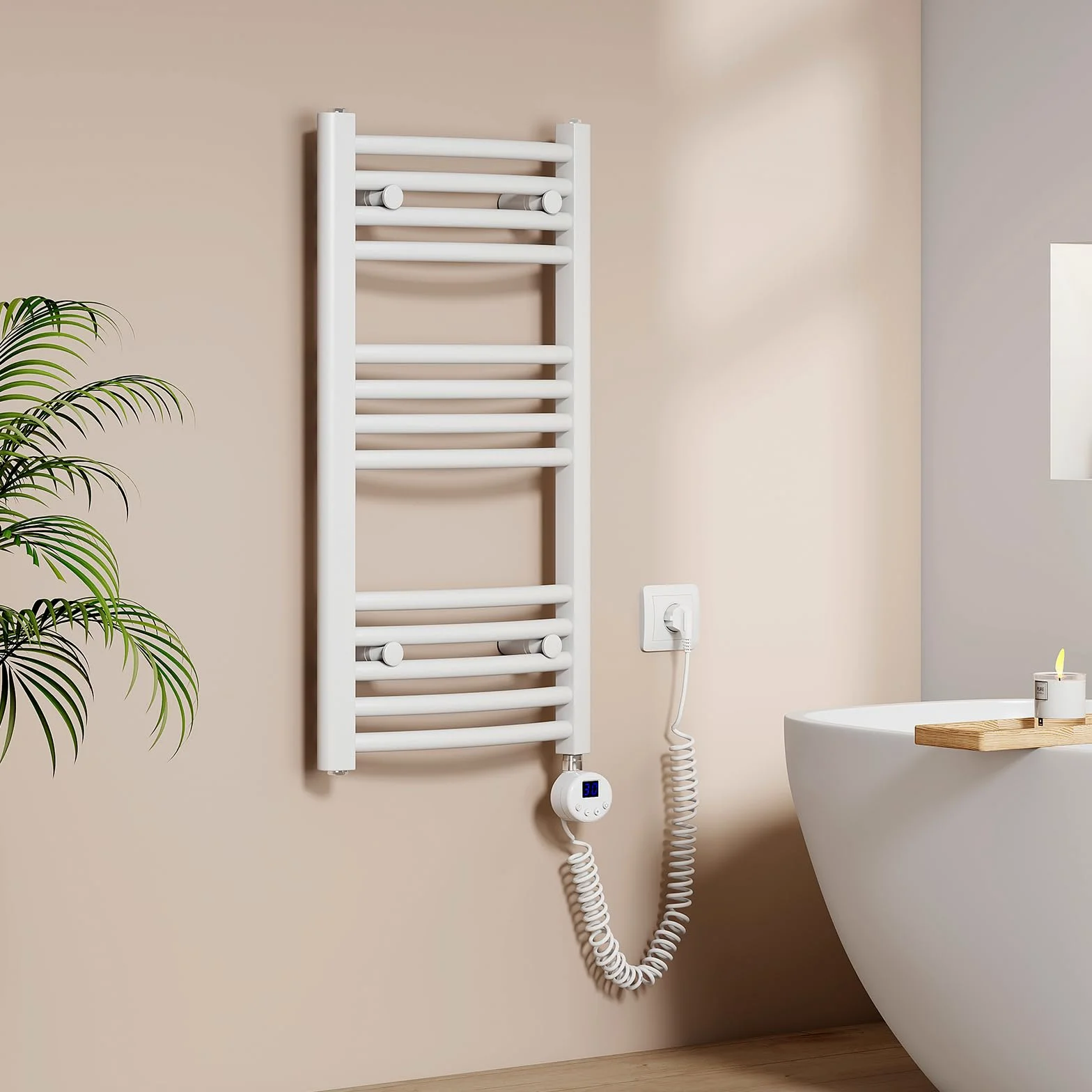EMKE Scaldasalviette Elettrico per Bagno 75 x 40 cm, Radiatore Curvato con WIFI Termostato, Scaldasalviette Elettrico, Supporto Porta-Asciugamani, Bianco, 250 Watt