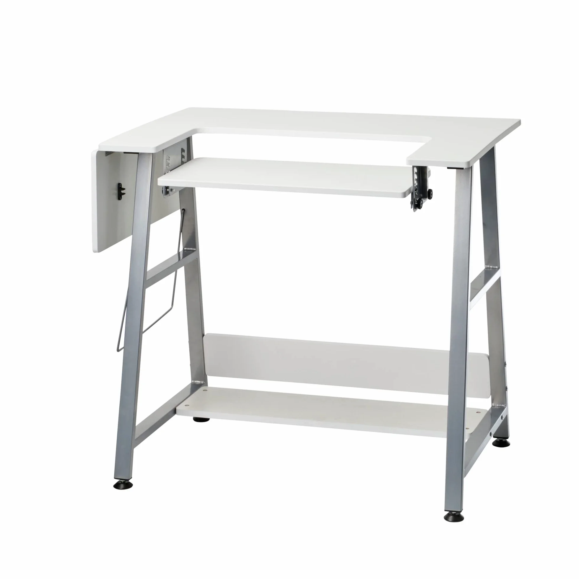 Tavolo da Cucito Piccolo Bianco con Gambe Argento per Macchina da Cucire con Piattaforma Regolabile