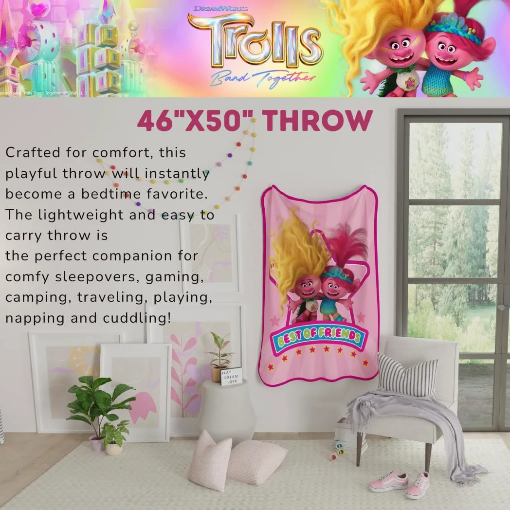 Franco DreamWorks - Coperta per bambini con 3 bande di film Trolls in seta super morbida, 101,6 x 127 cm, prodotto con licenza ufficiale