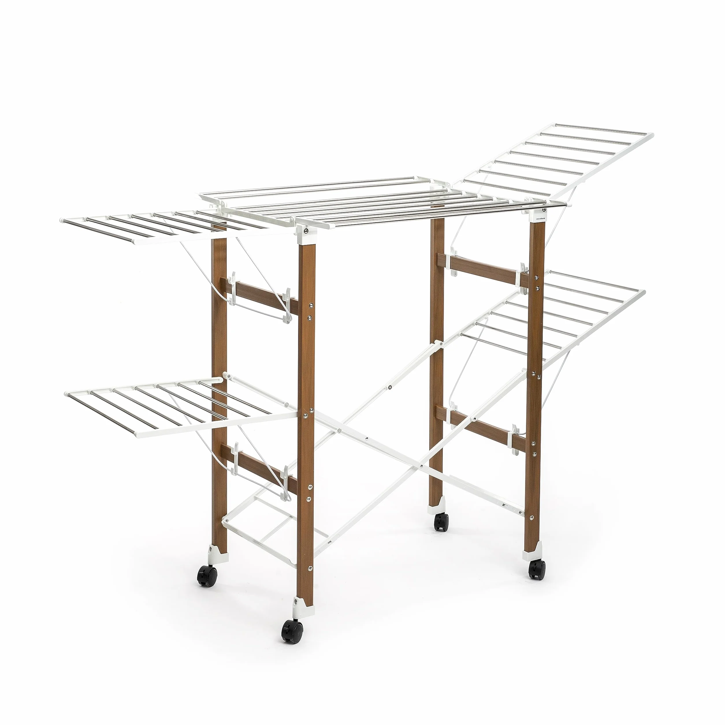 InnovaGoods Stendibiancheria Verticale Pieghevole - 38 Sbarre, Capacità Elevata, Salvaspazio, ABS/Acciaio Inox, Supporto Scarpe, Ruote con Blocco, Bianco
