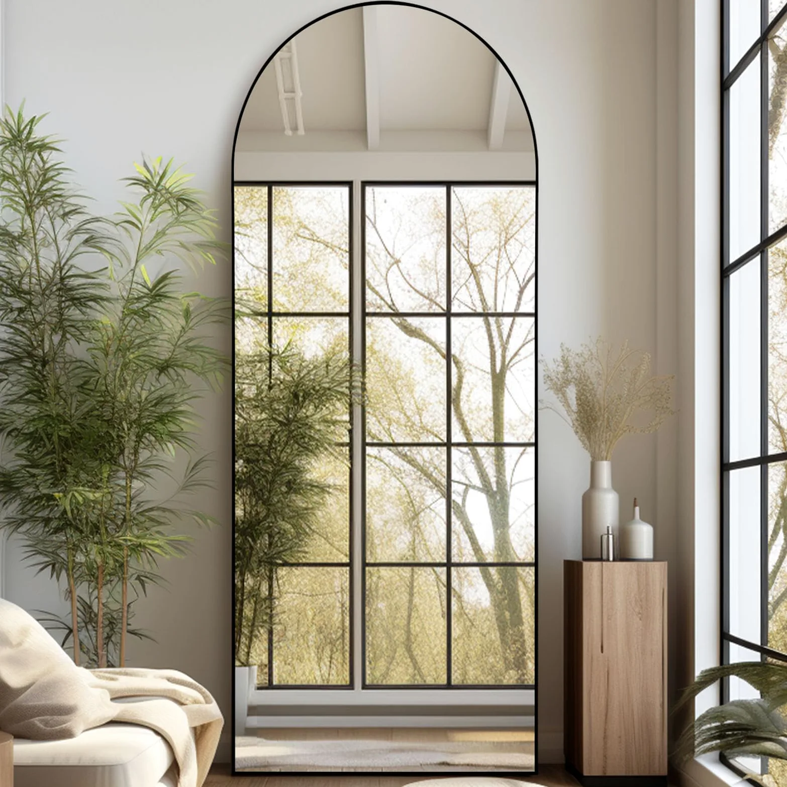 Arco Specchio da terra parete lungo 65x179 CM grande intero specchio da parete con cornice in Nero Alluminio, da appoggiare o da appendere, per soggiorno, camera da letto, corridoio