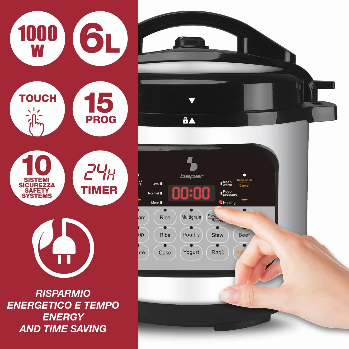 BEPER P101COS002 Pentola Multicooker a Pressione 6 Litri 1000W 15 Programmi Slow Cooker Timer 24h
