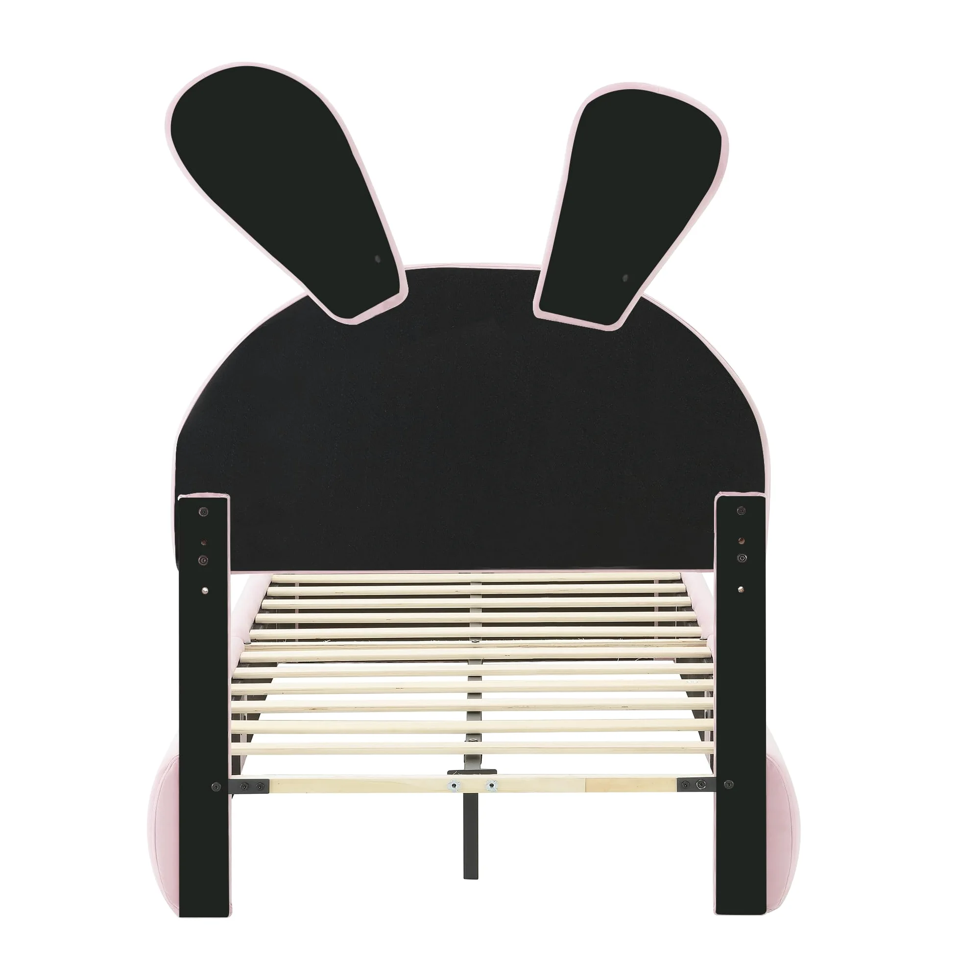 Letto Imbottito per Bambini 90 * 200cm con Due Sgabelli Contenitore, Orecchie di Coniglio con Luce LED, Lettos Singolo con Doghe in Legno, Velluto, Rosa