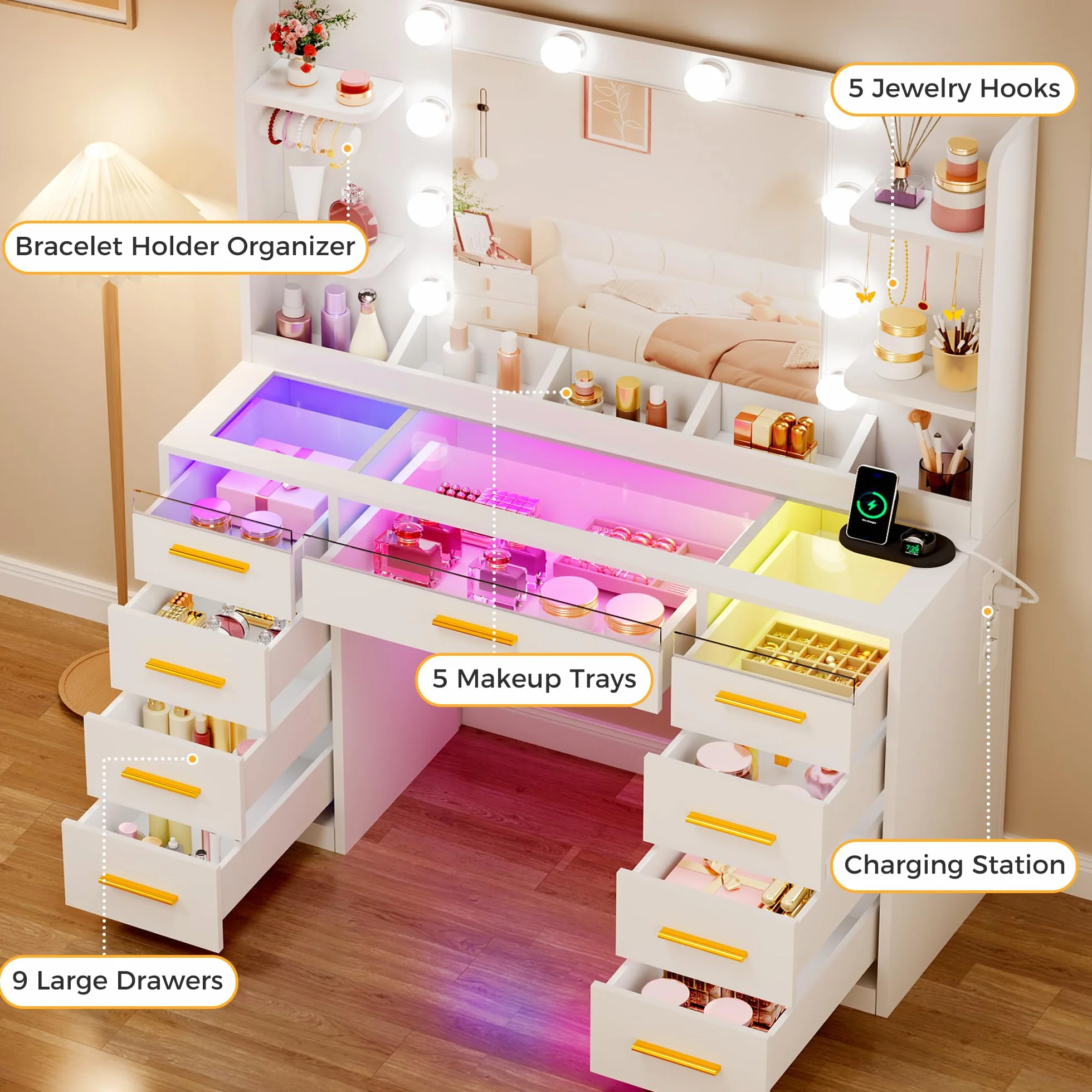 ANWBROAD Grande Toeletta da Trucco con Specchio e Luci RGB, Piano in Vetro | Luminosità Regolabile, Postazione Trucco con Prese 9 Cassetti RGB e 9 Ripiani Aperti Moderno Toletta Trucco Bianco BDT95W