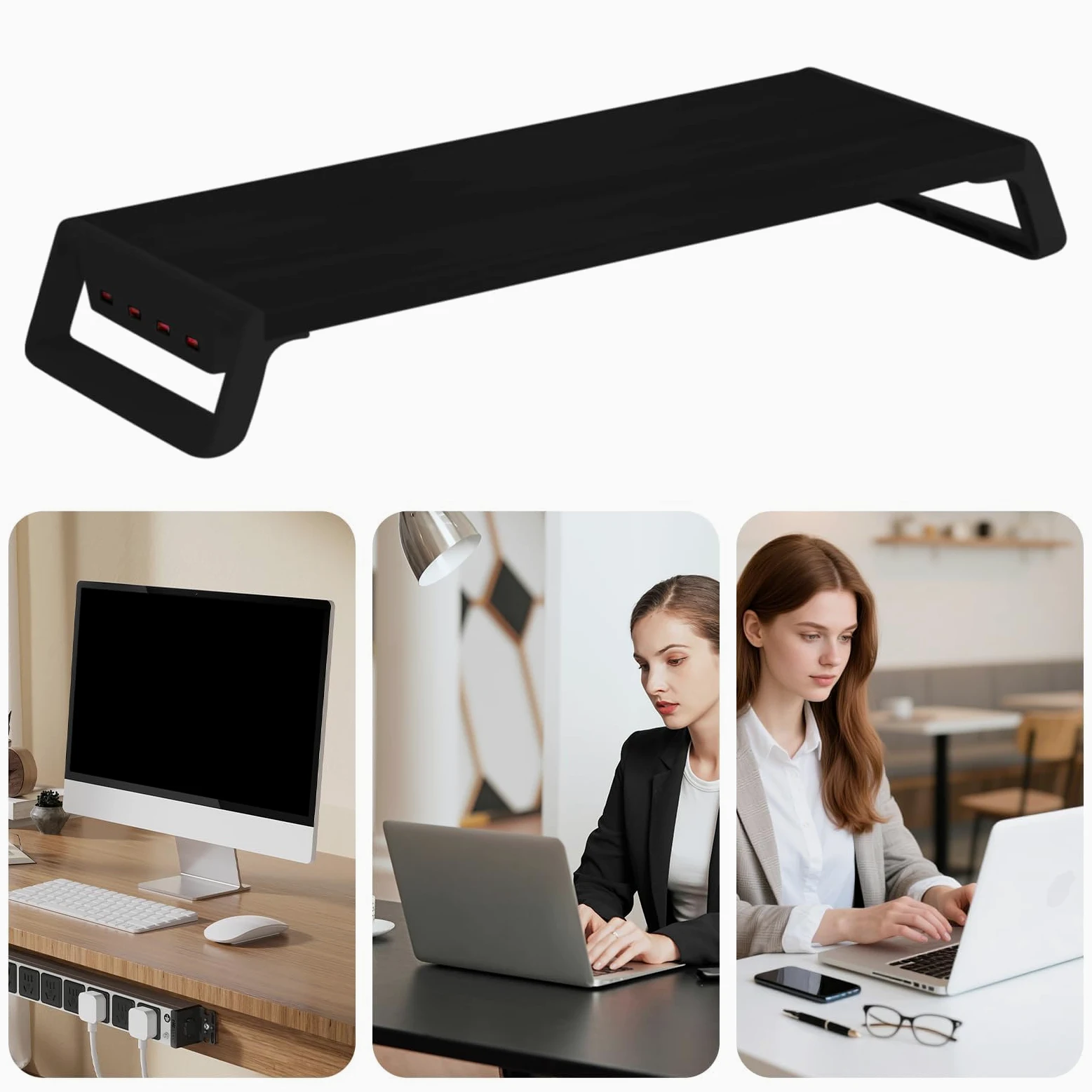 Supporto per monitor in legno con hub USB, scrivania da ufficio con 4 porte USB, perfetto per casa, scuola, appartamento e dormitorio, supporto ergonomico per monitor PC
