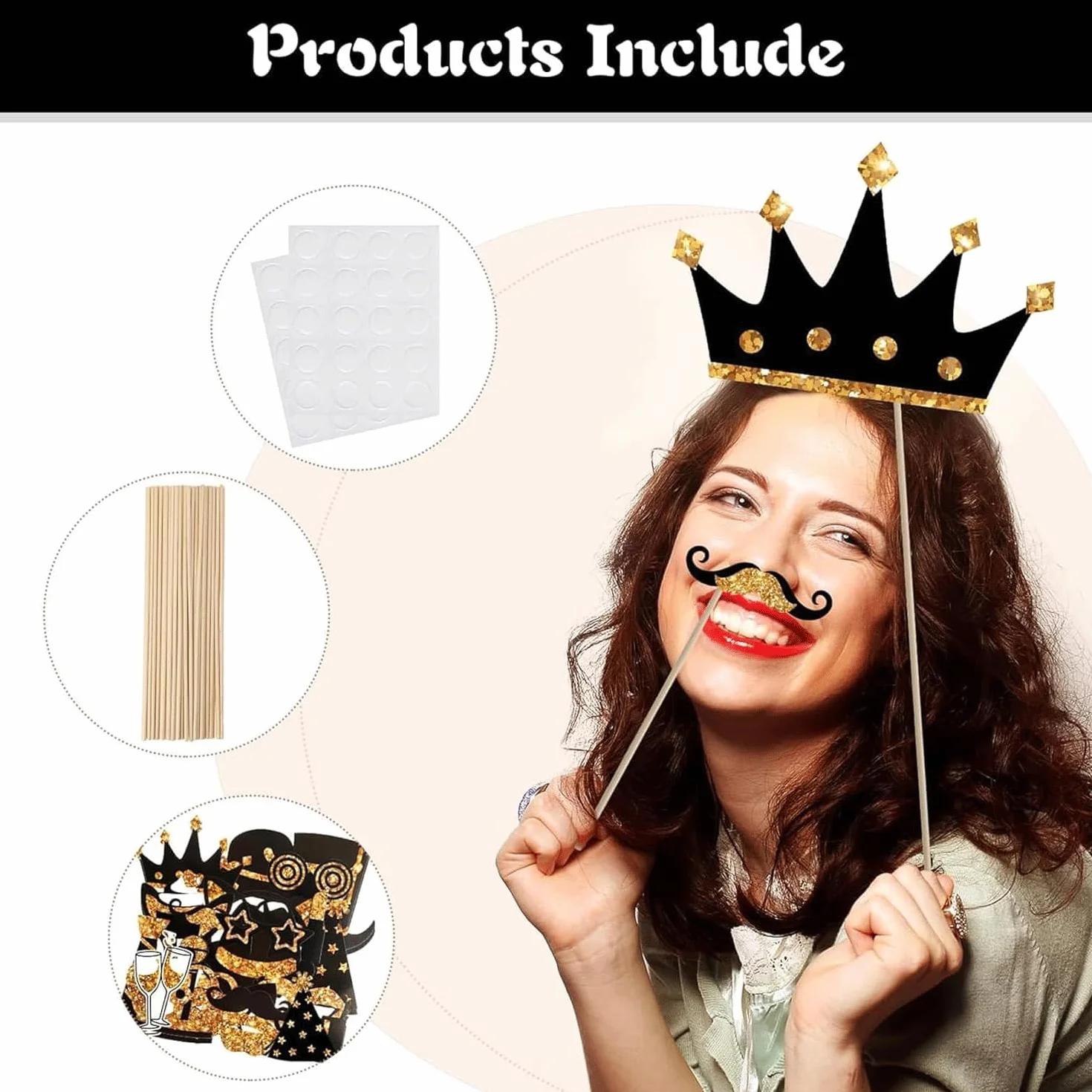 36 Pezzi Accessori Fotobox Feste, Decorazioni Autoscatto Tema Oro e Nero con Bastoncini e Adesivi per Compleanno, Matrimonio, Natale, Halloween, Laurea – Kit Foto Divertenti per Party