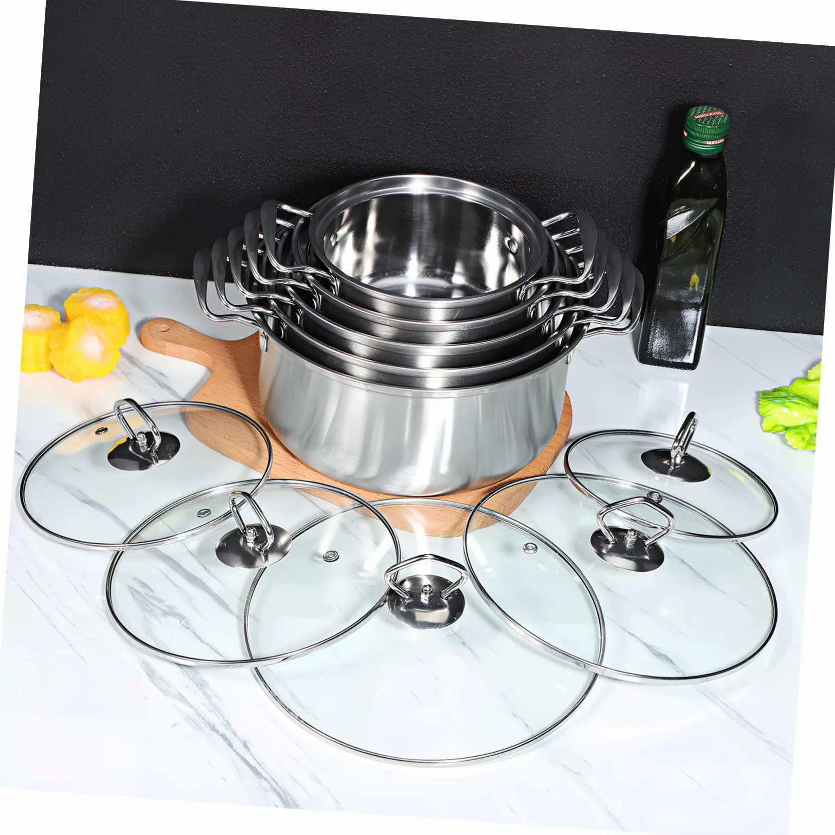 Gatuida Set 10 Pezzi Pentole in Acciaio Inox con Doppio Manico e Coperchio in Vetro, Pentole per Zuppa, Stufato e Porridge, Compatibili Piani Cottura a Induzione, per Cucina Domestica