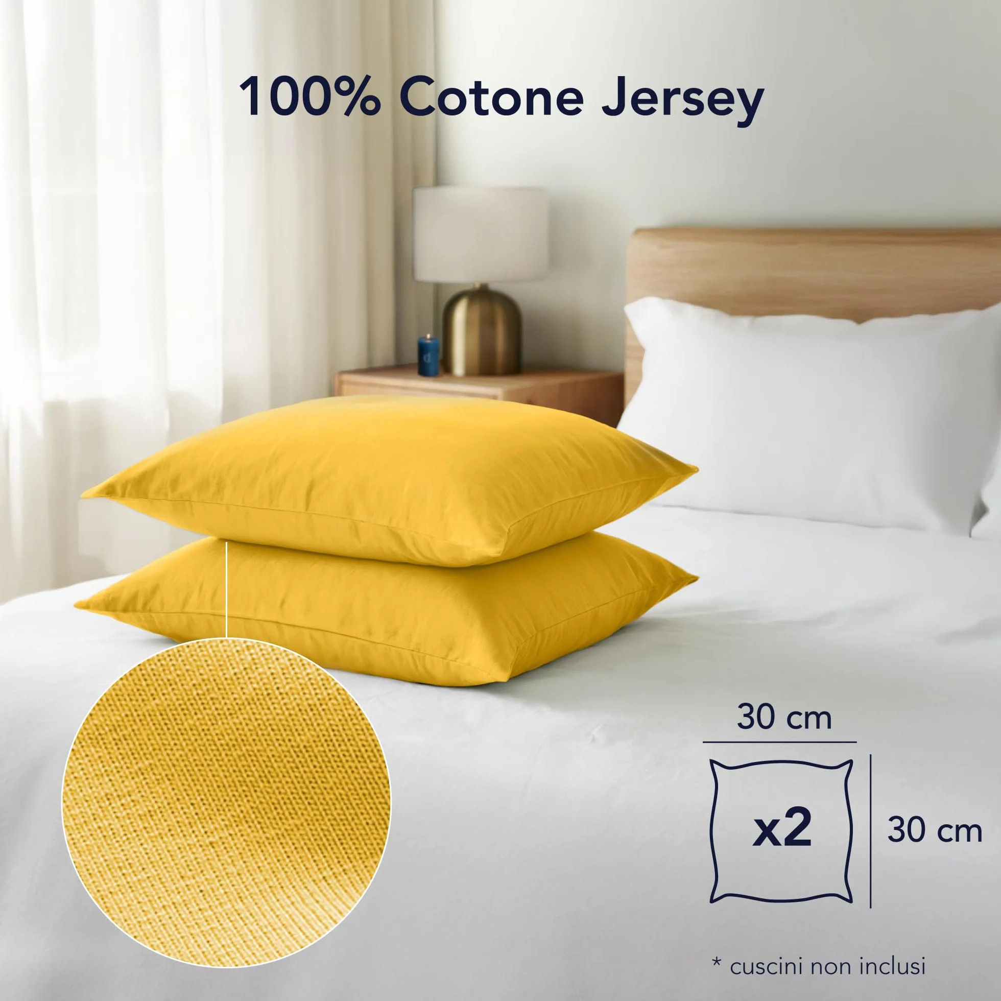 Dreamzie Federe Cuscini 30x30 Set di 2 Giallo 100% Jersey di Cotone Copri Cuscino