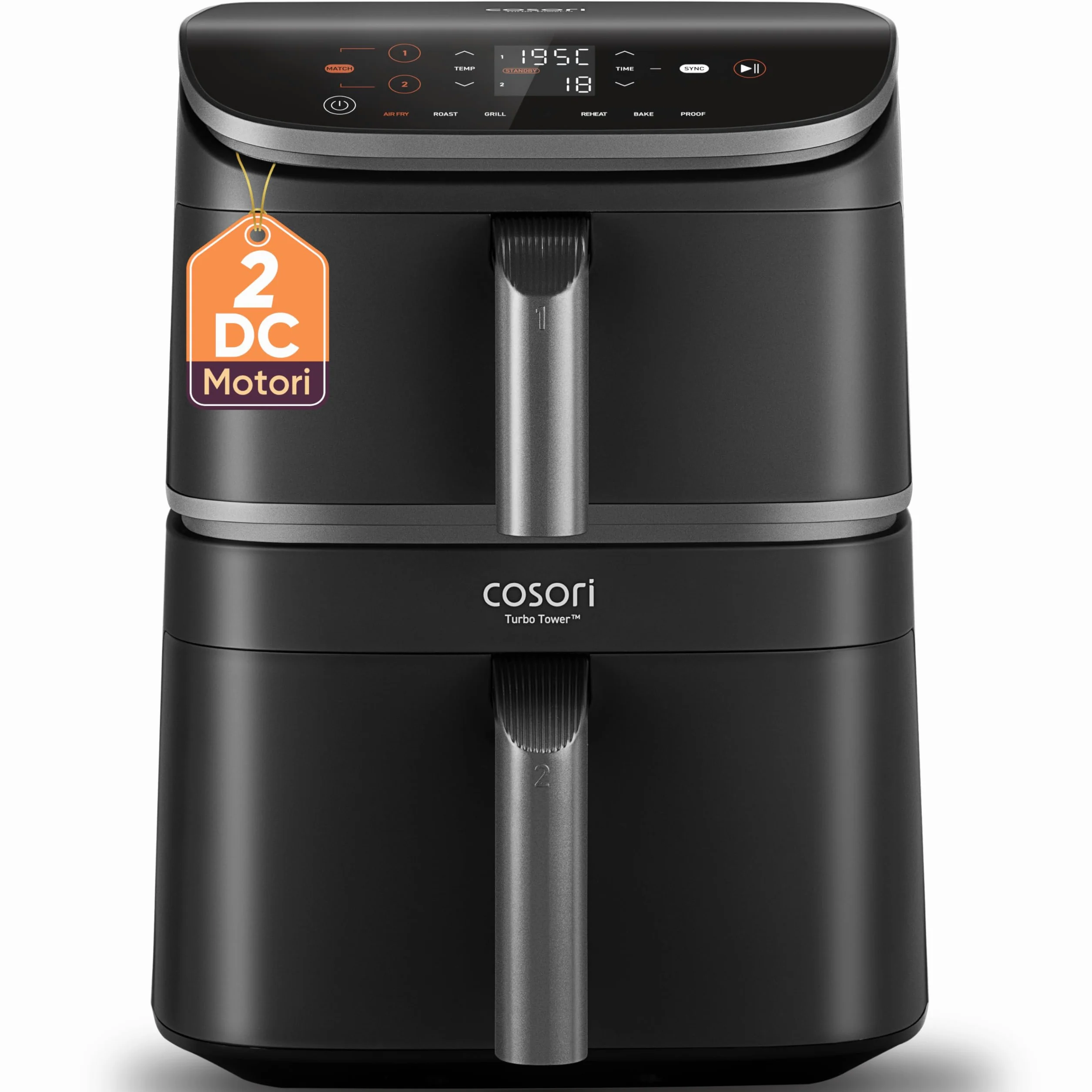 COSORI Turbo Tower Friggitrice ad Aria 10,8L con Cestelli Verticali, Cottura Salvaspazio a 3 Livelli, 2630W, 6 Funzioni, 2 Motori DC, 50+ Ricette Complete Online,CAF-DC111,Grigio