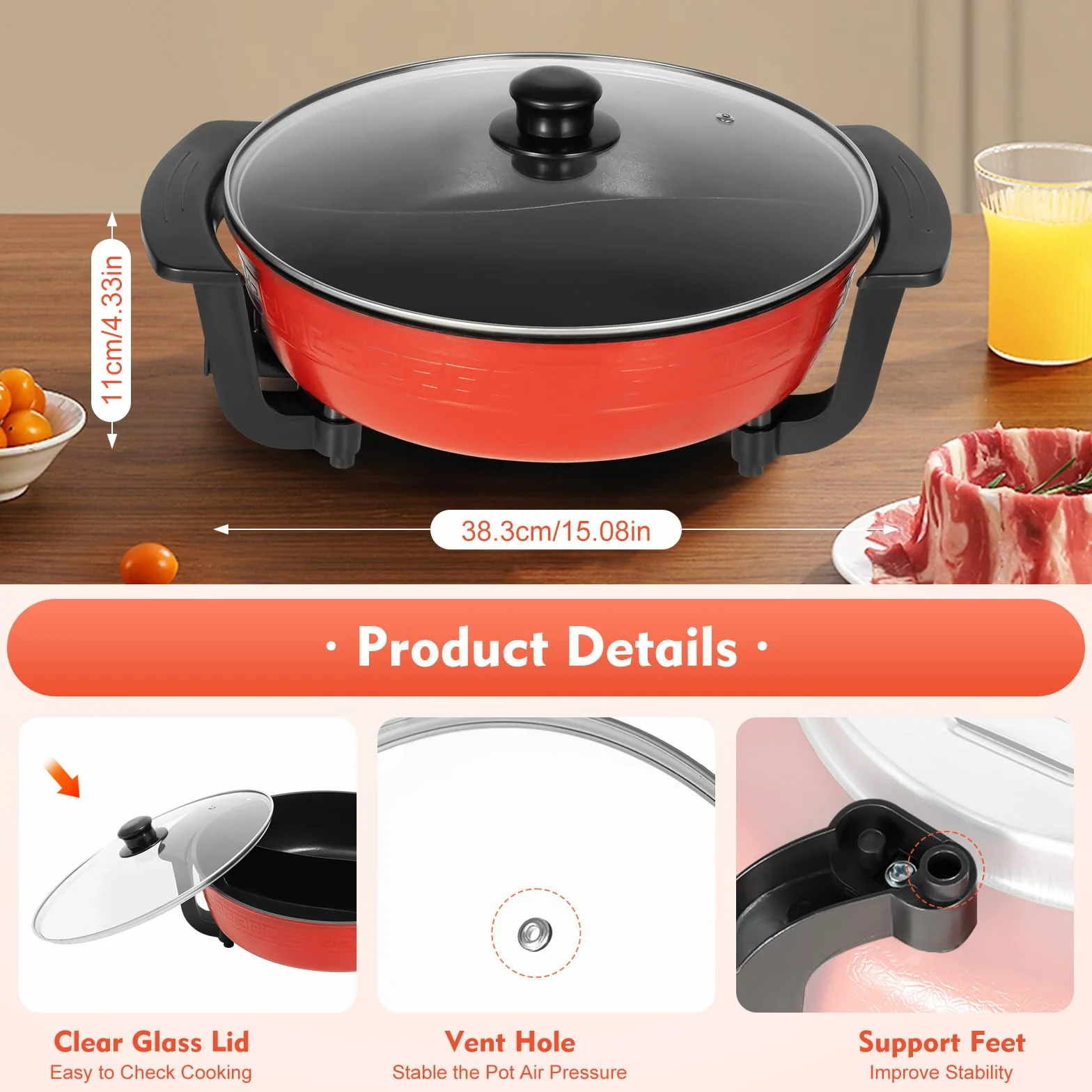 Yin e Yang Fonduta Cinese Hot Pot Elettrico 6L 1360W Divisore Wok Rosso
