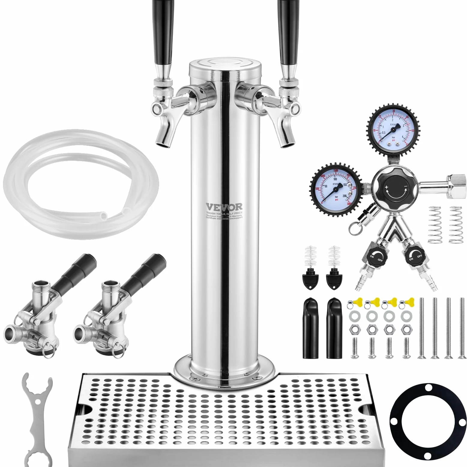 VEVOR Kit Spillatore Birra a Doppio Rubinetto, Dispenser Torre Birra per Fusti in Acciaio Inossidabile con Regolatore W21.8 Doppio Manometro e Accoppiatore Fusti S-System