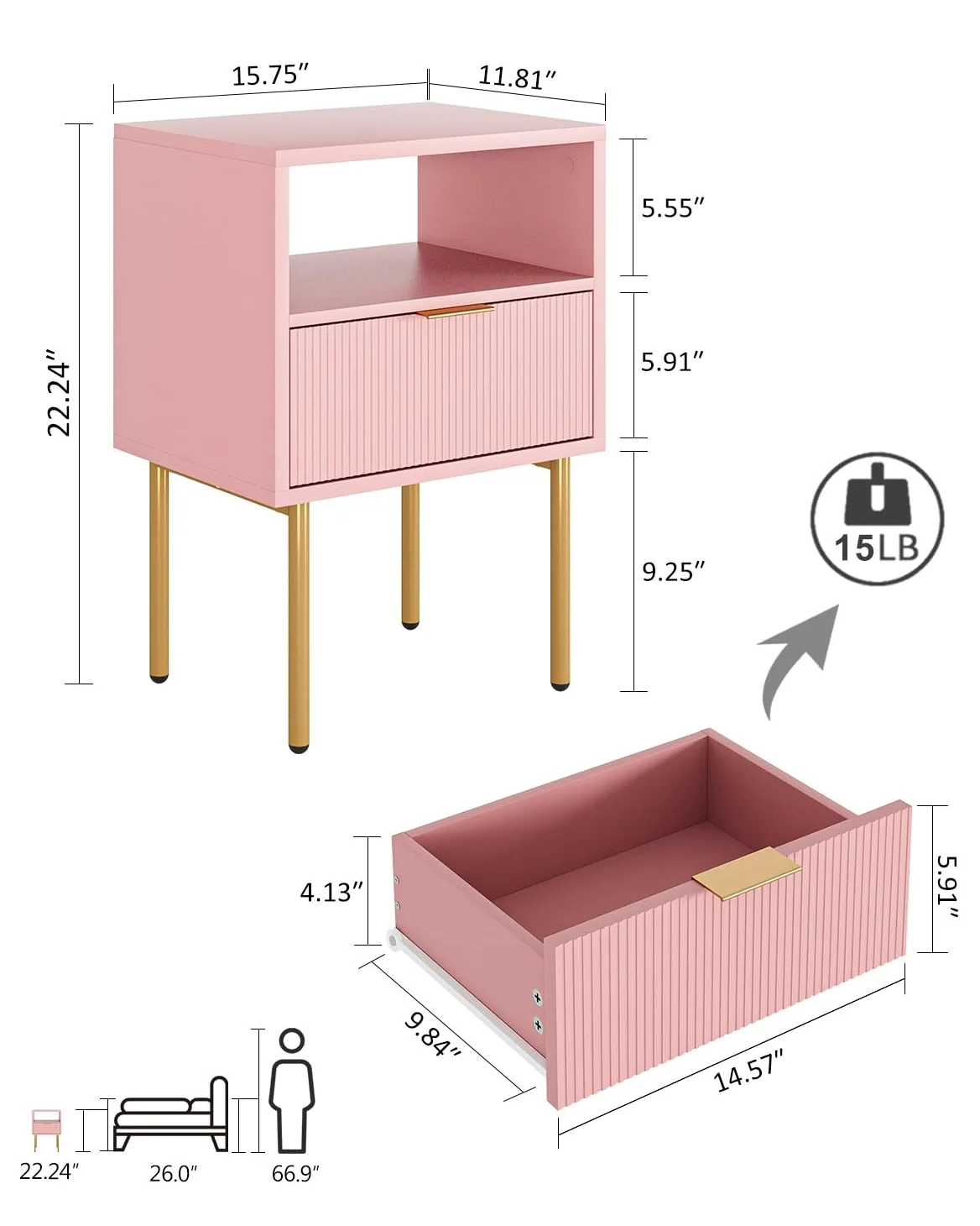 HEYZOEY Comodino, comodino con 1 ripiani aperti e 1 cassetto, comodino moderno, per camera da letto, soggiorno, rosa