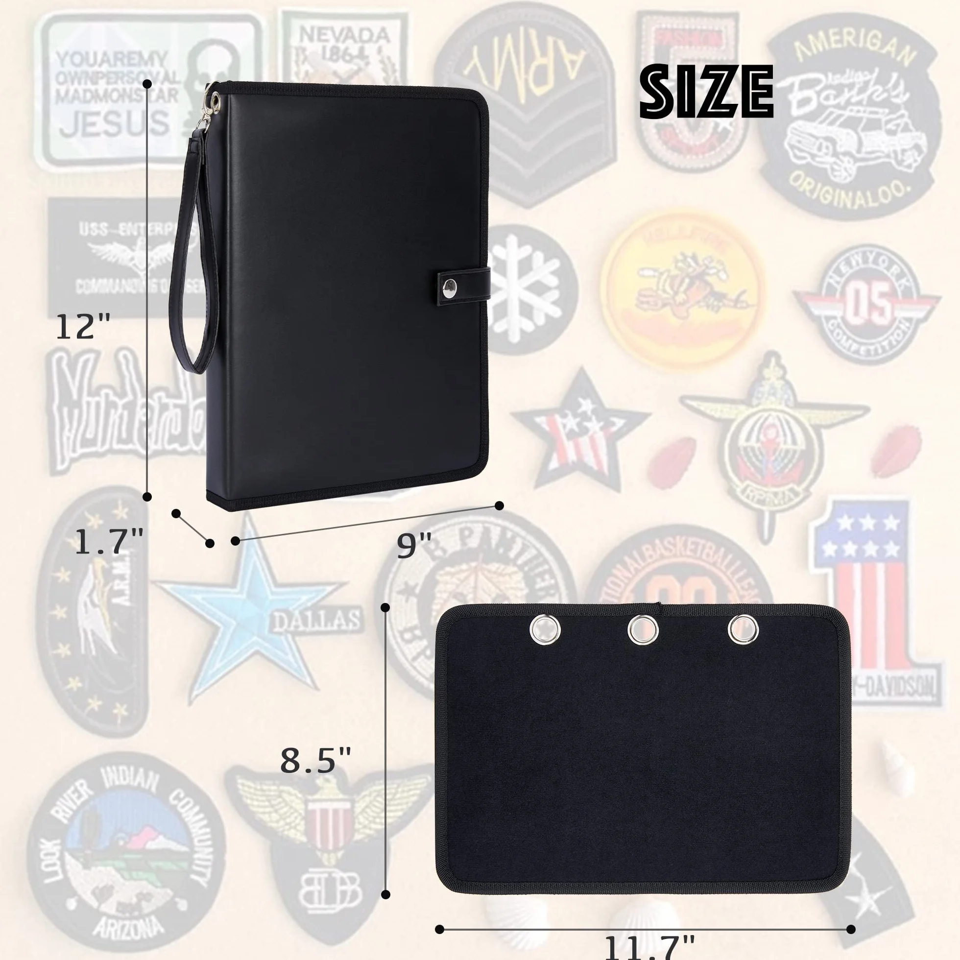 Espositore per toppe, organizer per opuscoli con pagine a scatto, per collezioni di patch con gancio e anello, raccoglitore a 3 anelli con 5 pannelli porta patch (solo borsa) (nero)