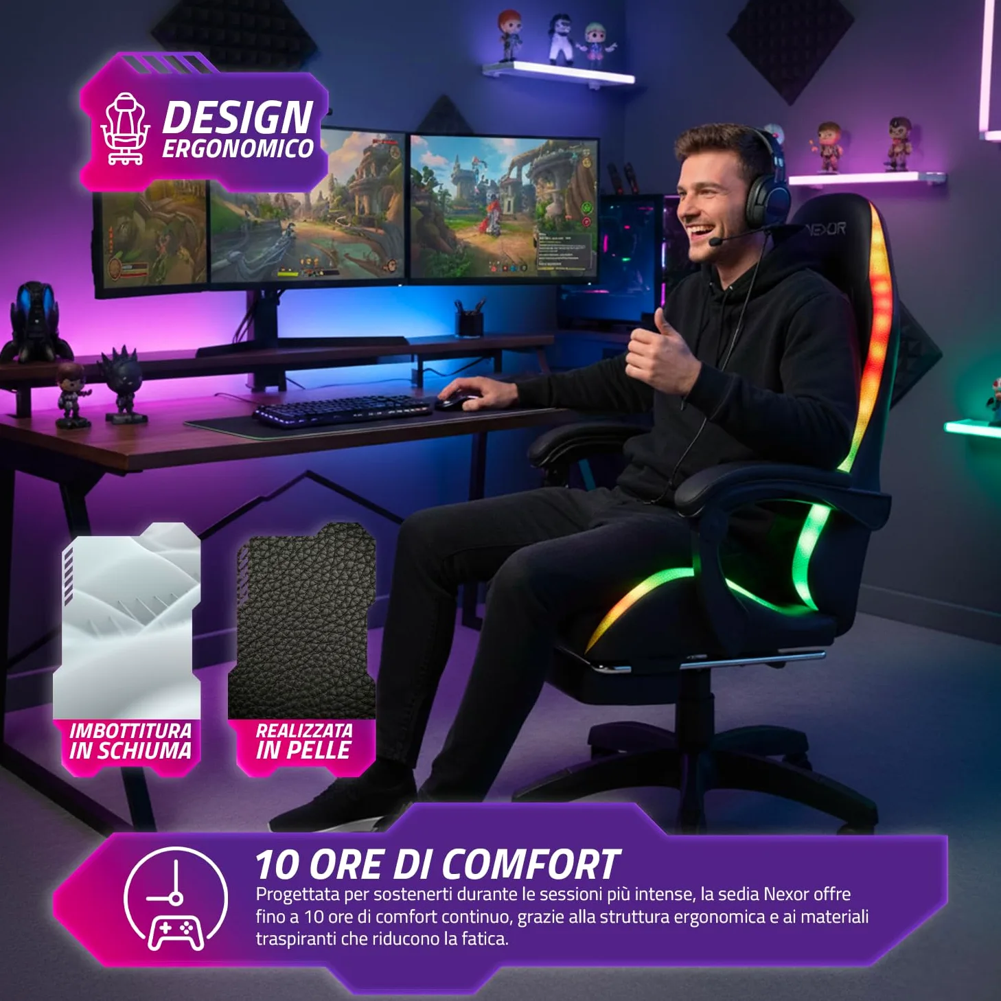 Wintem – – Sedia Gaming con Poggiapiedi Estraibile, Doppio Cuscino e Luci LED RGB USB per Comfort Totale e Design Futuristico Ideale per Gioco, Studio e Ufficio