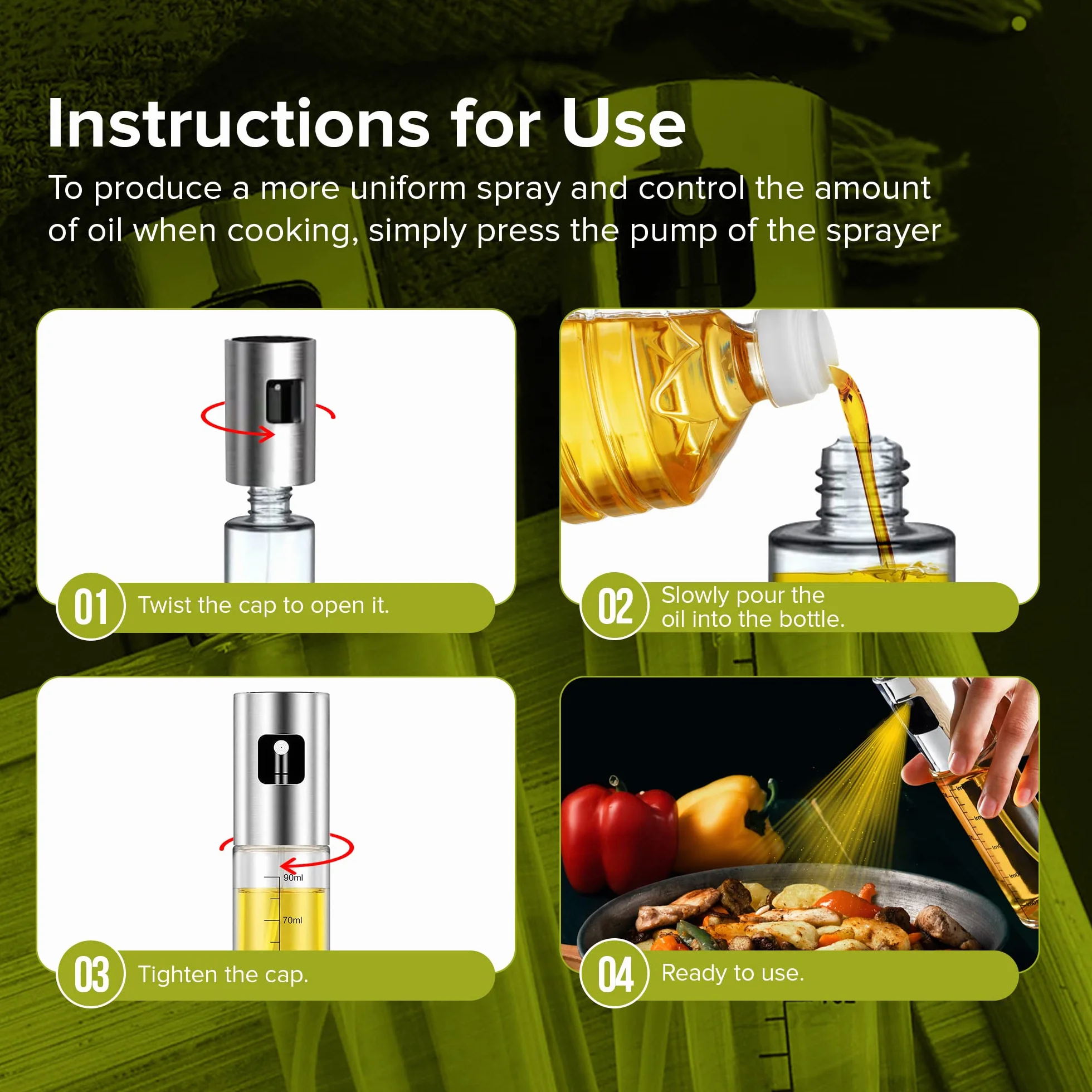 PORTENTUM Spruzzatore Olio Spray Acciaio Inox 100ml Oliera Vetro Cucina Friggitrice Aria