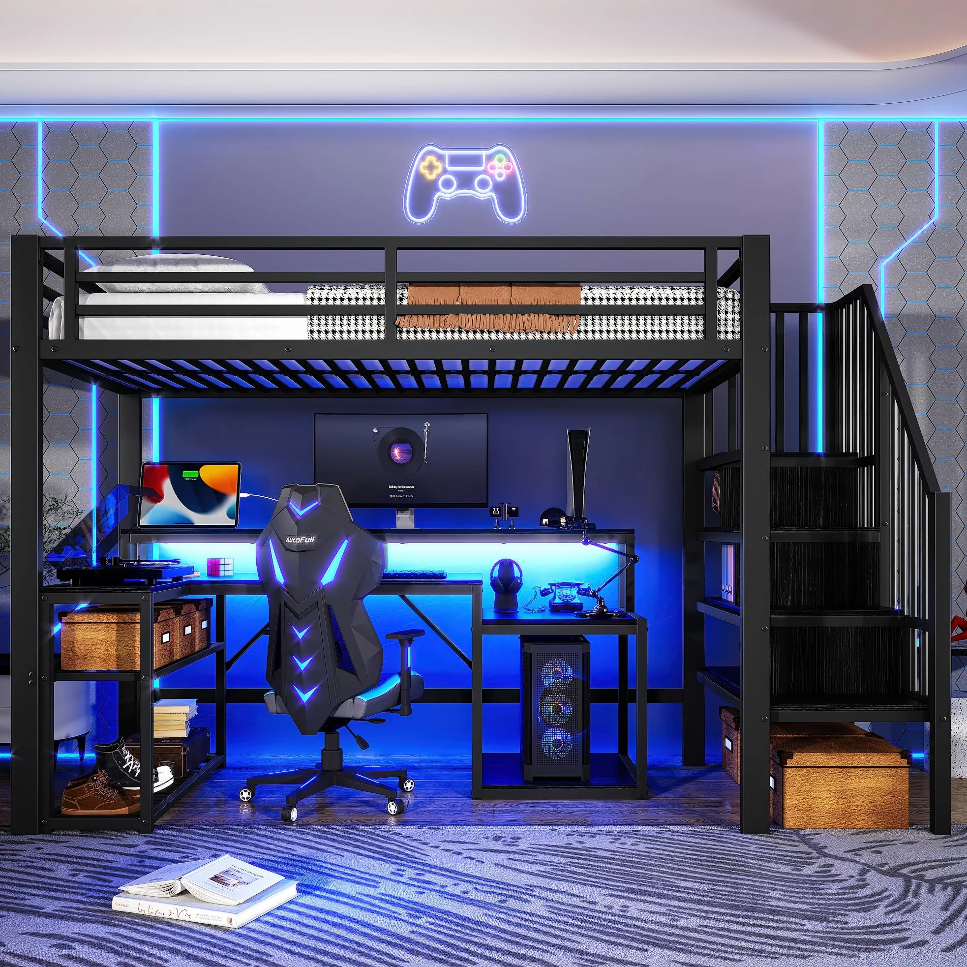 Lubvtti Letto a soppalco in ferro 90 x 200 con luminosa a LED,scrivania,porta USB,vano contenitore,scala con spazio contenitore,letto a castello per bambini,struttura letto per bambini,Nero