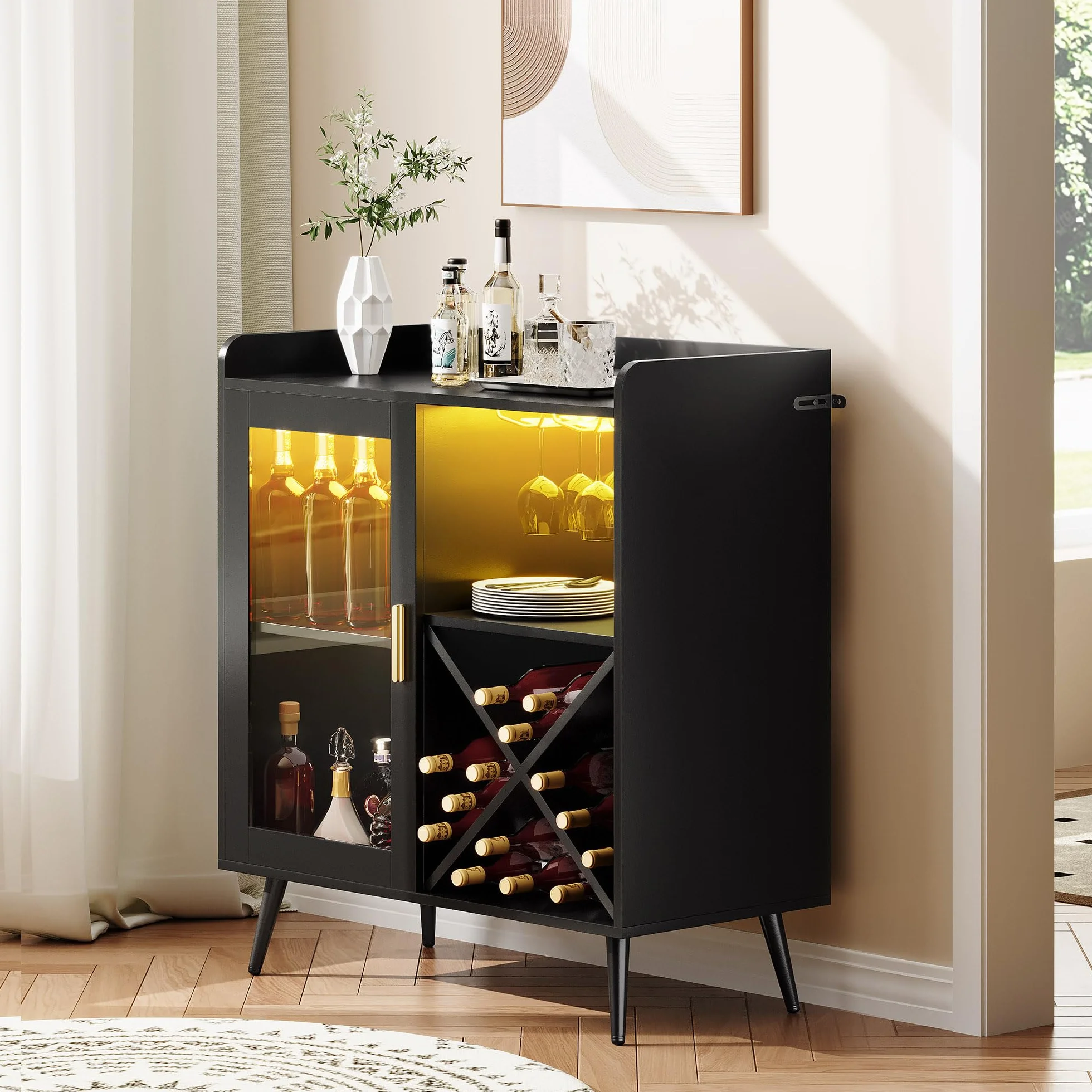 YITAHOME Piccolo mobile da bar con luci a LED, porta in acrilico e portabottiglie per vino, caffetteria con portabicchieri, credenza per casa, bar, sala da pranzo, soggiorno o cucina, nero
