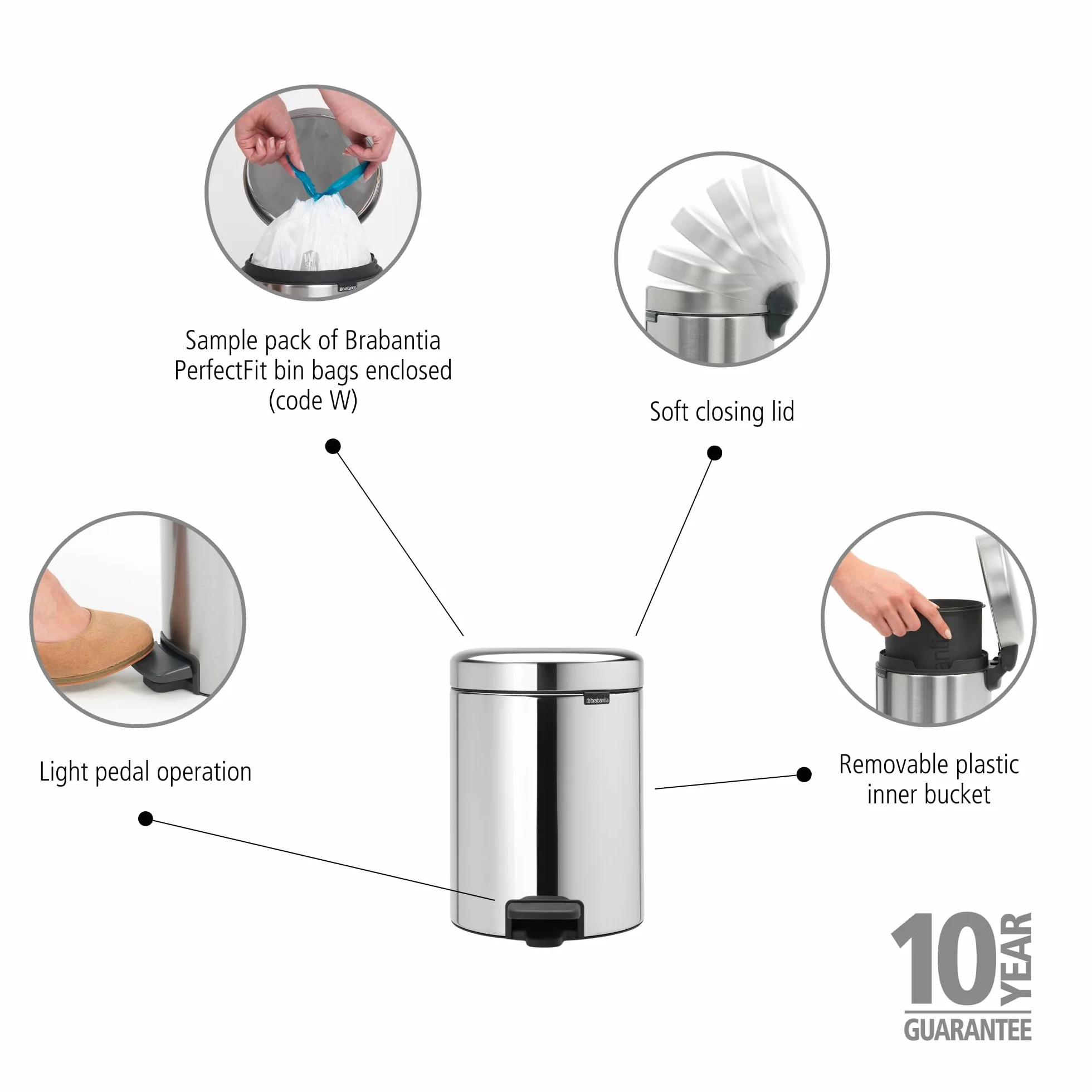 Brabantia Pattumiera con Pedale 5 Litri Argento Inox Lucido