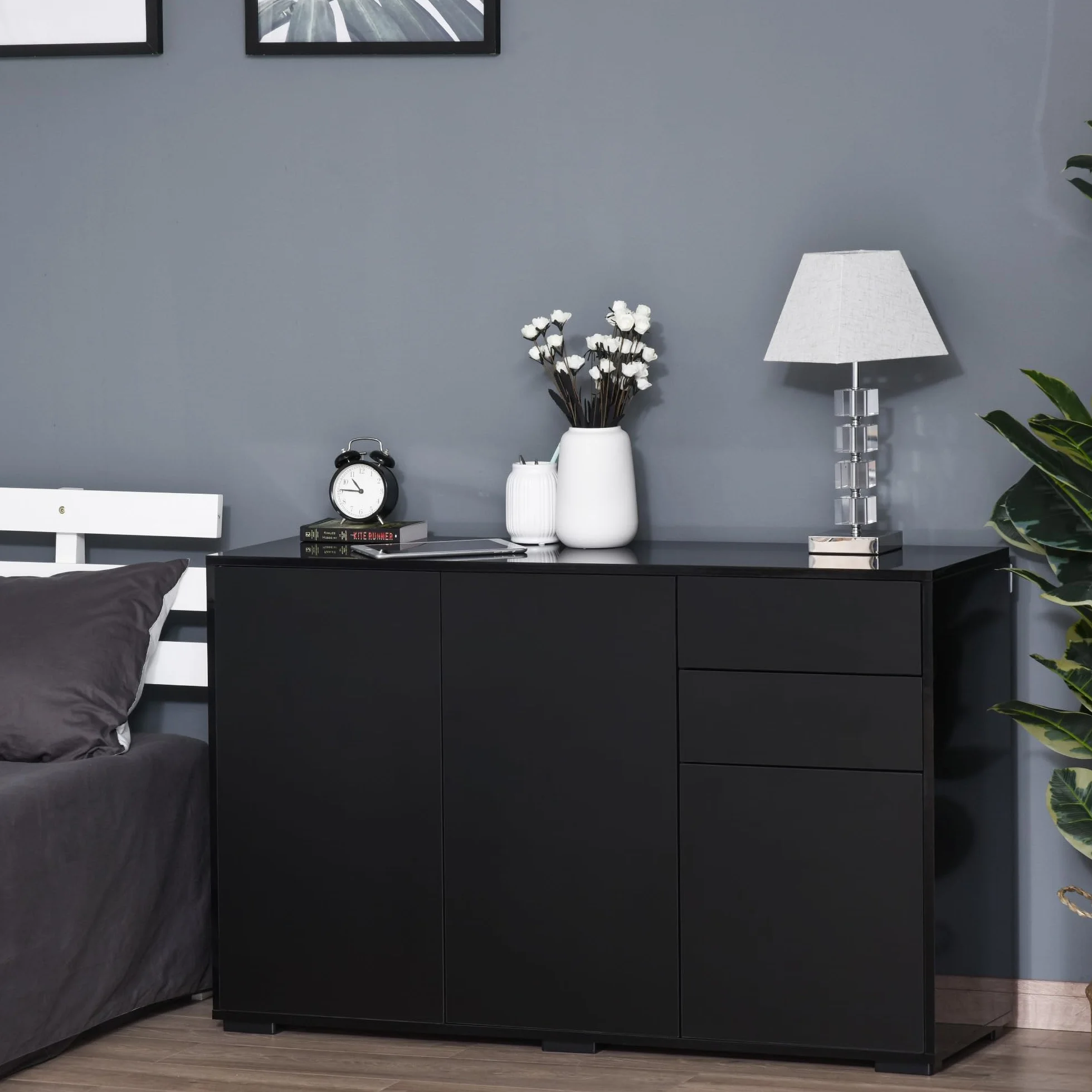 HOMCOM Mobiletto Multiuso Nero con 2 Cassetti e 2 Armadietti ad Apertura a Pressione, 117x36x74cm
