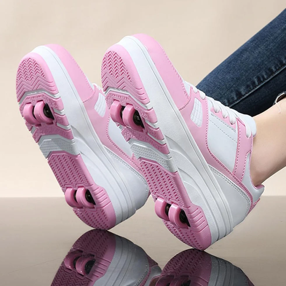 ENEN Scarpe con Rotelle Bambina Sportive Skateboard 4 Ruote Sneakers Outdoor Multisport Bianco Rosa Nero