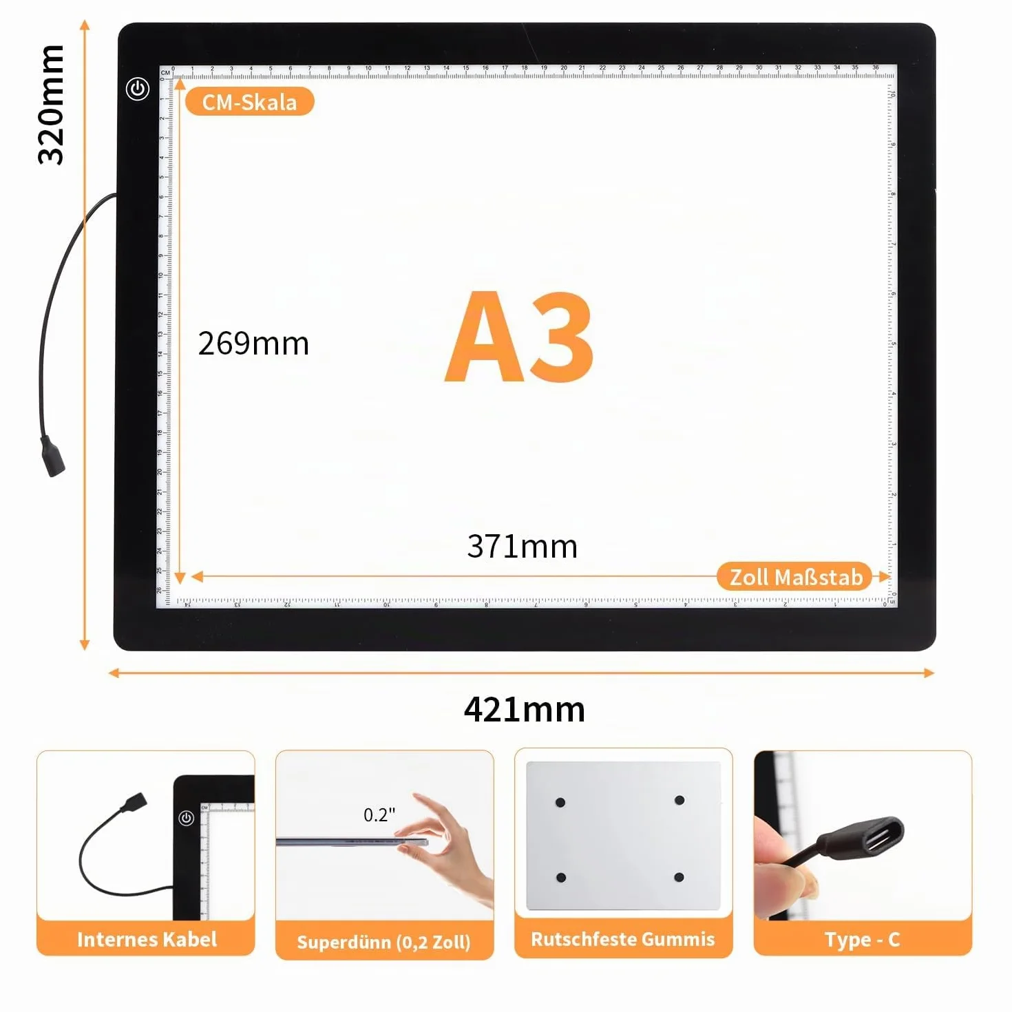 Tavololuminoso Light Pad A3 4800 Lux 5 mm ultra sottile per Diamond Painting dimmerabile