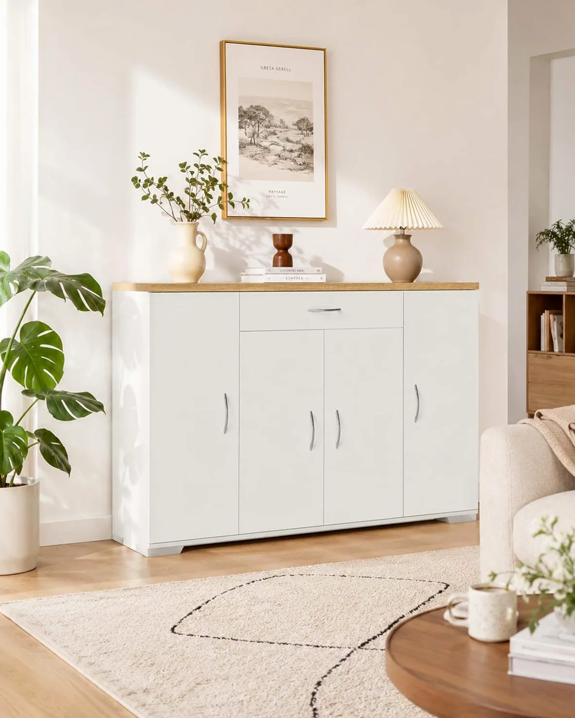 hitsuki Comò Camera da Letto Bianco con 4 Ante e 1 Cassetto 110×30×70cm | Mobile contenitore con 4 ante e 1 cassetto per organizzare biancheria, abiti e oggetti personali nella camera da letto