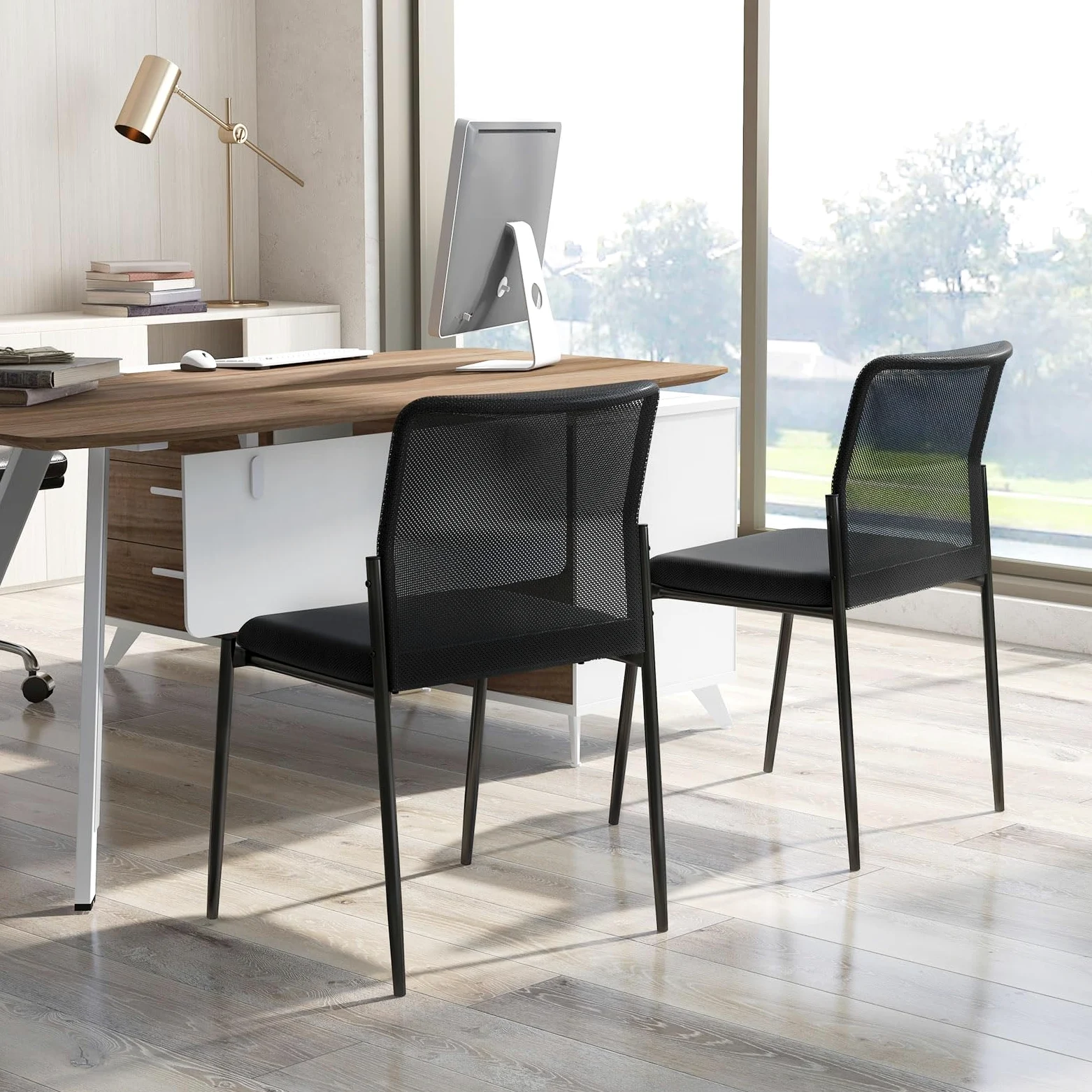 COSTWAY Set di 2 Sedie da Conferenza, Sedia da Ufficio con Schienale Ergonomico in Rete, Seduta Imbottita, Sedie per Sala d'Attesa, Ufficio, Portata 150 kg, 63 x 52 x 84 cm