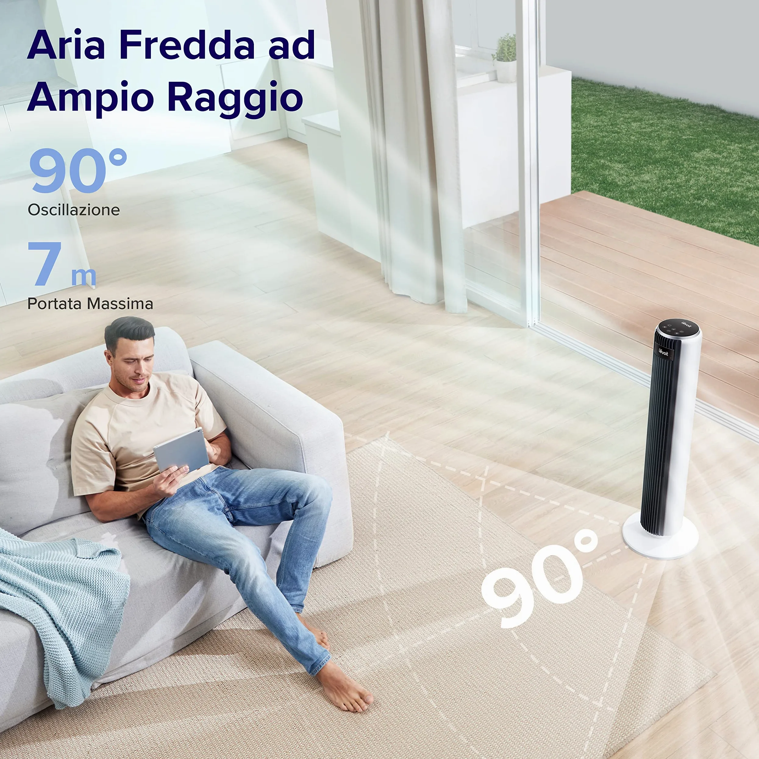 LEVOIT Ventilatore a Torre con Telecomando 92CM, Serie Classica| 92 cm, Ventola di Raffreddamento Silenziosa 28 dB, 3 Modalità, 5 Velocità, Oscillazione 90° Timer 12H, Display LED, 39W,Bianco Classico