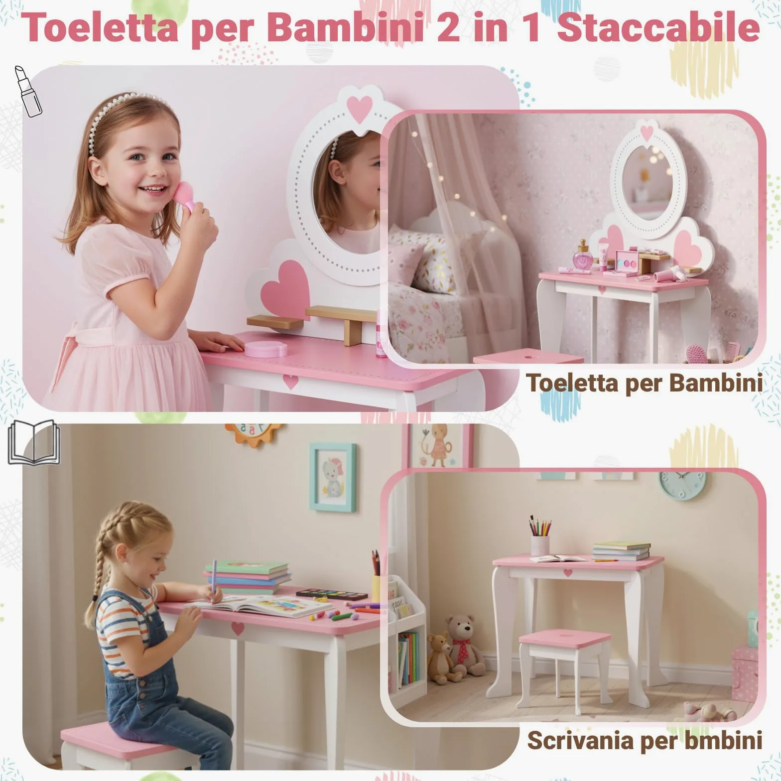 Clevich 2 in 1 Toeletta per Bambini, Toeletta da Trucco con Specchio Bambini, Scrivania in Legno con Sgabello, Robusto e Durevole, per Bambini dai 3-8 Anni (Bianco)