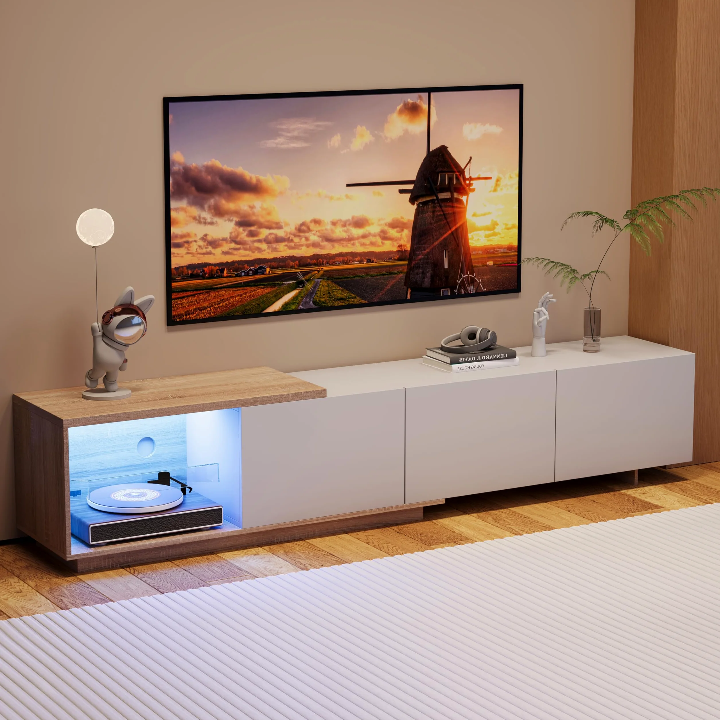 BRILVERDE Credenza TV Regolabile Moderna 163-240 cm, Bianco con Luci LED, 3 Cassetti - Mobile Soggiorno a Bassa Altezza, Finitura Lucida Effetto Legn (Bianco)