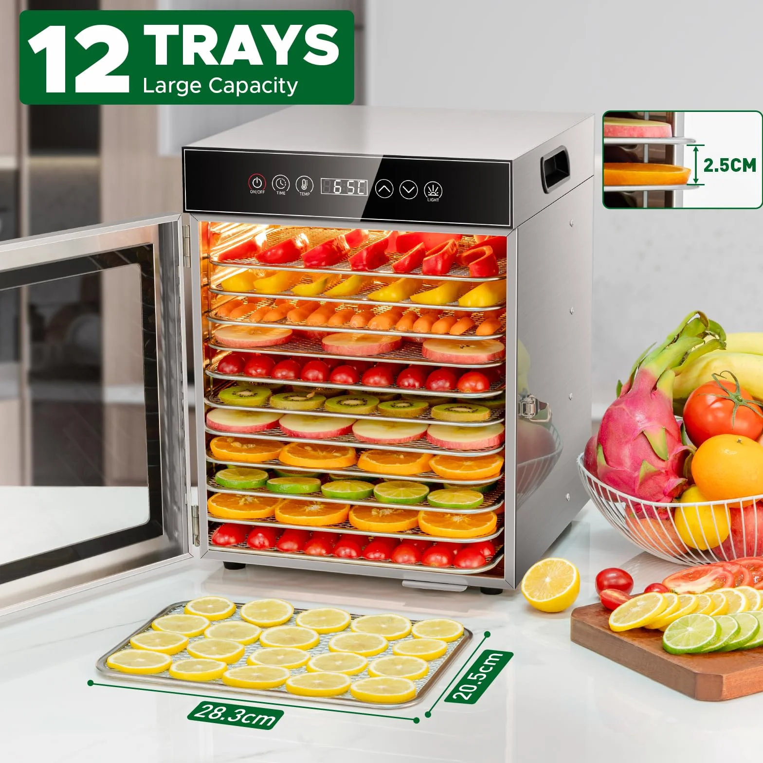 Kwasyo Essiccatore Alimentare in Acciaio Inox 750W con 12 Vassoi, Essiccatore Professionale, Timer Digitale, Controllo della Temperatura, Protezione dal Surriscaldamento, Ricettario Incluso