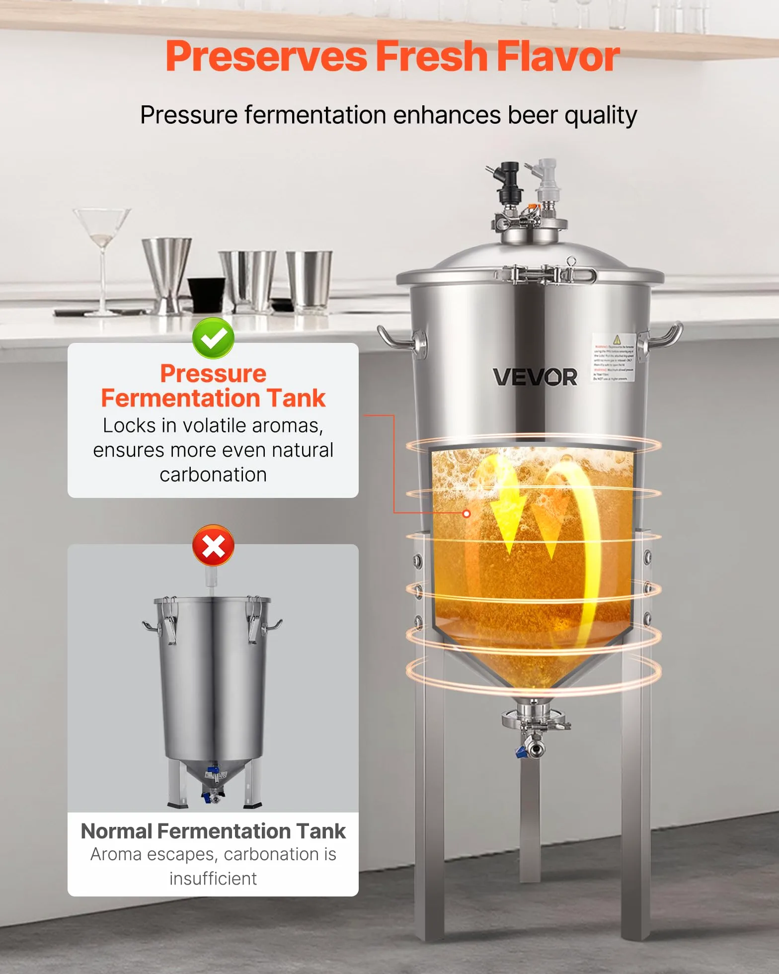 VEVOR Serbatoio di Fermentazione Conico per Produzione di Birra in Acciaio Inox da 30 Litri, Bollitore di Fermentazione con Fondo Conico con Coperchio, Maniglia, Termometro, Uso Domestico