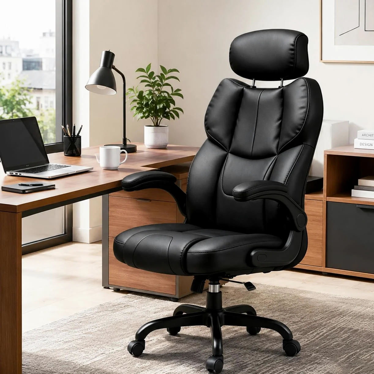 naspaluro Sedia Ufficio Ergonomica con Braccioli Regolabili, Sedia Scrivania con Rotelle, Poltrona Direzionale PU, Supporto Lombare, Schienale Alto 83 cm, Altezza Regolabile e Girevole 360°, Nero
