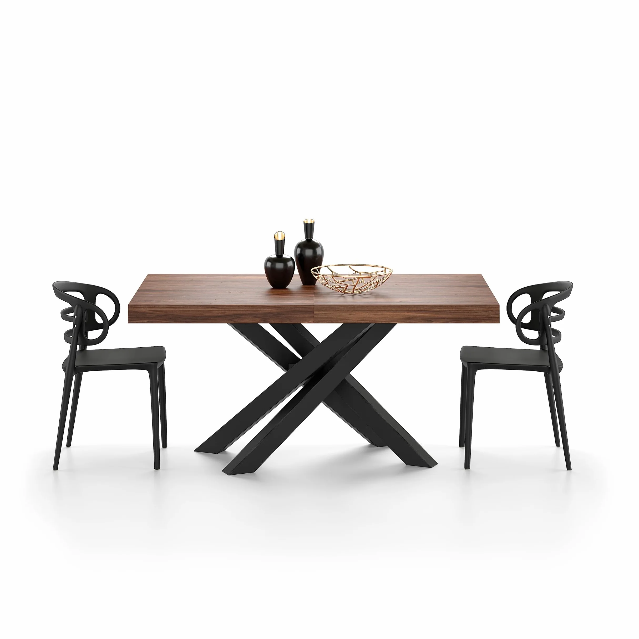 Mobili Fiver, Tavolo Allungabile Emma 160(240) x90 cm, Noce Canaletto con Gambe Incrociate Nere, per 6-10 persone, Tavolo Cucina, Soggiorno, Made in Italy