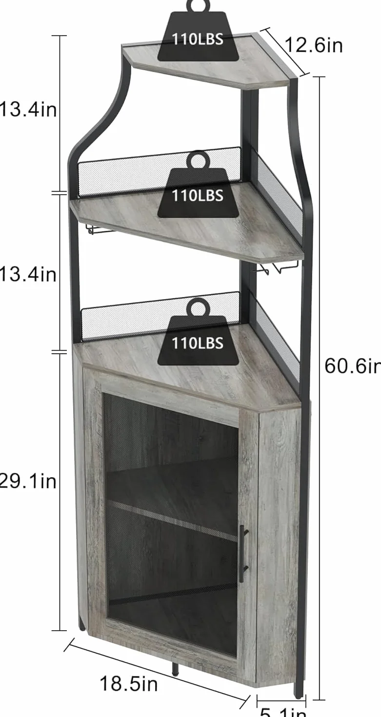 Armadietto angolare in legno con 2 supporti in vetro, armadio ad angolo con ante in metallo e 4 ripiani, cucina con superficie di lavoro, mobili da bar per ingresso, soggiorno, cucina (152 x 90 x 32