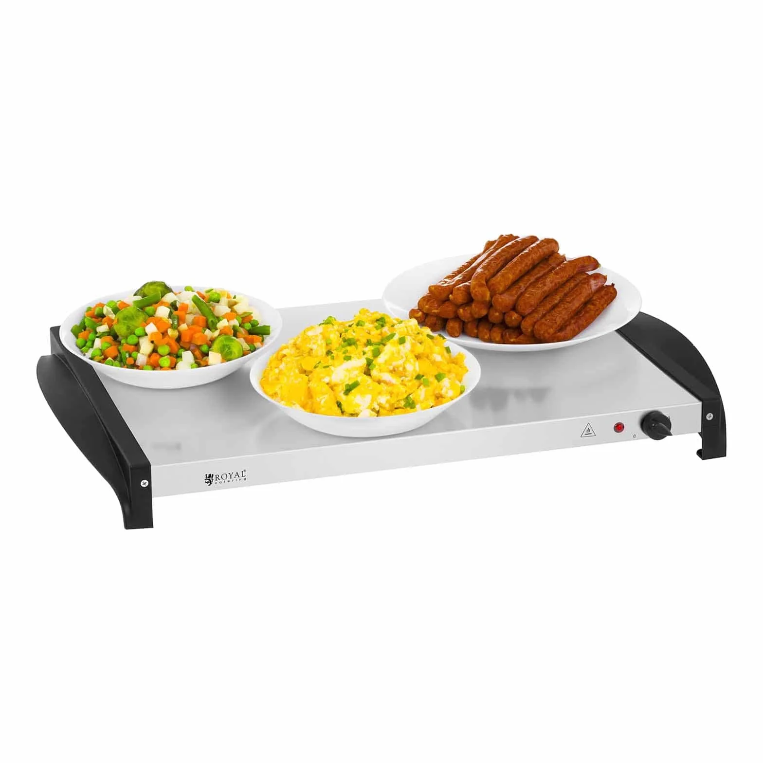 Royal Catering RCHP-400/3 Scaldavivande Elettrico Piano Caldo per Buffet (3 x 2 L, 400 W, 52,5 x 35,5 cm, Temperatura 45–85 °C, Acciaio Inox, Vetro Acrilico)