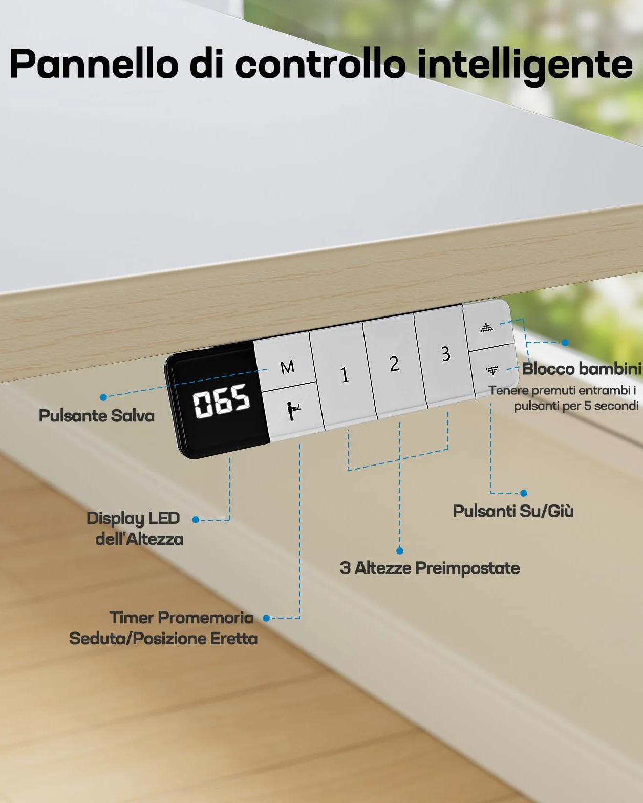 HUANUO Scrivania Elettrica in Piedi per Bambini con Superficie Opaca da 120 cm x 60 cm, Display a LED con Controller Manuale con 3 Altezze Preimpostate e Blocco per Bambini