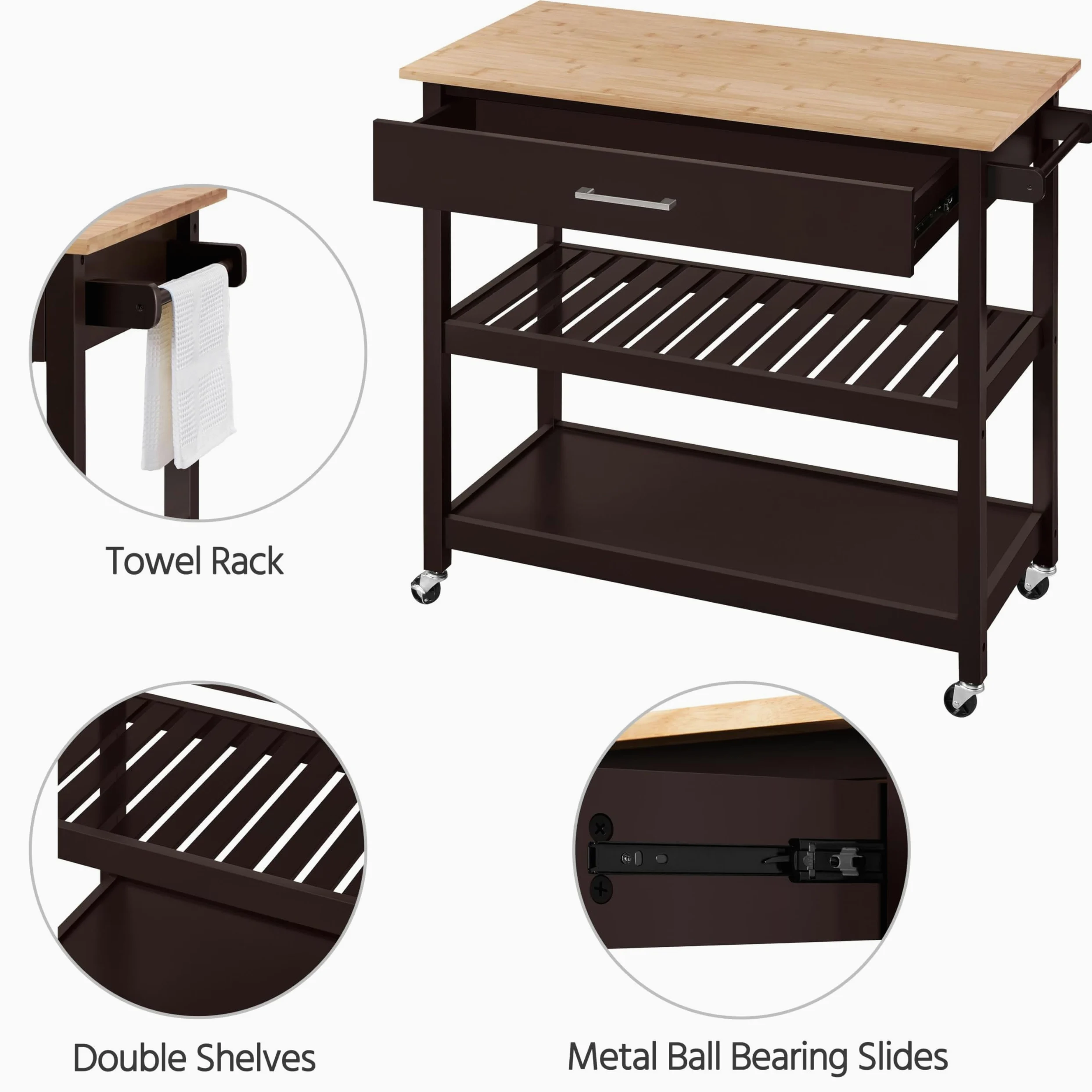 Yaheetech Carrello da Cucina a 3 Ripiani con Ruote Credenza Salvaspazio per Microonde con Cassetto per Cucina Dipensa o Bar 101,5 x 51 x 92 cm Marrone Scuro