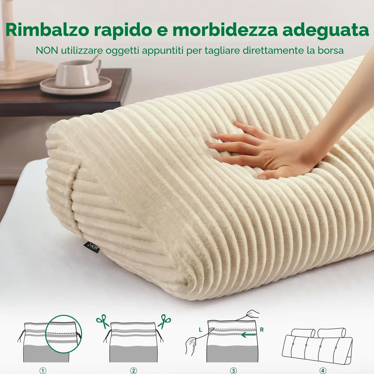 Z-hom Cuscino Schienale, Cuscino triangolare per testiera con fodera rimovibile, Cuscino da lettura per letto, cuscino schienale divano, cuscino da lettura, crema (150 x 50 x 20 cm)