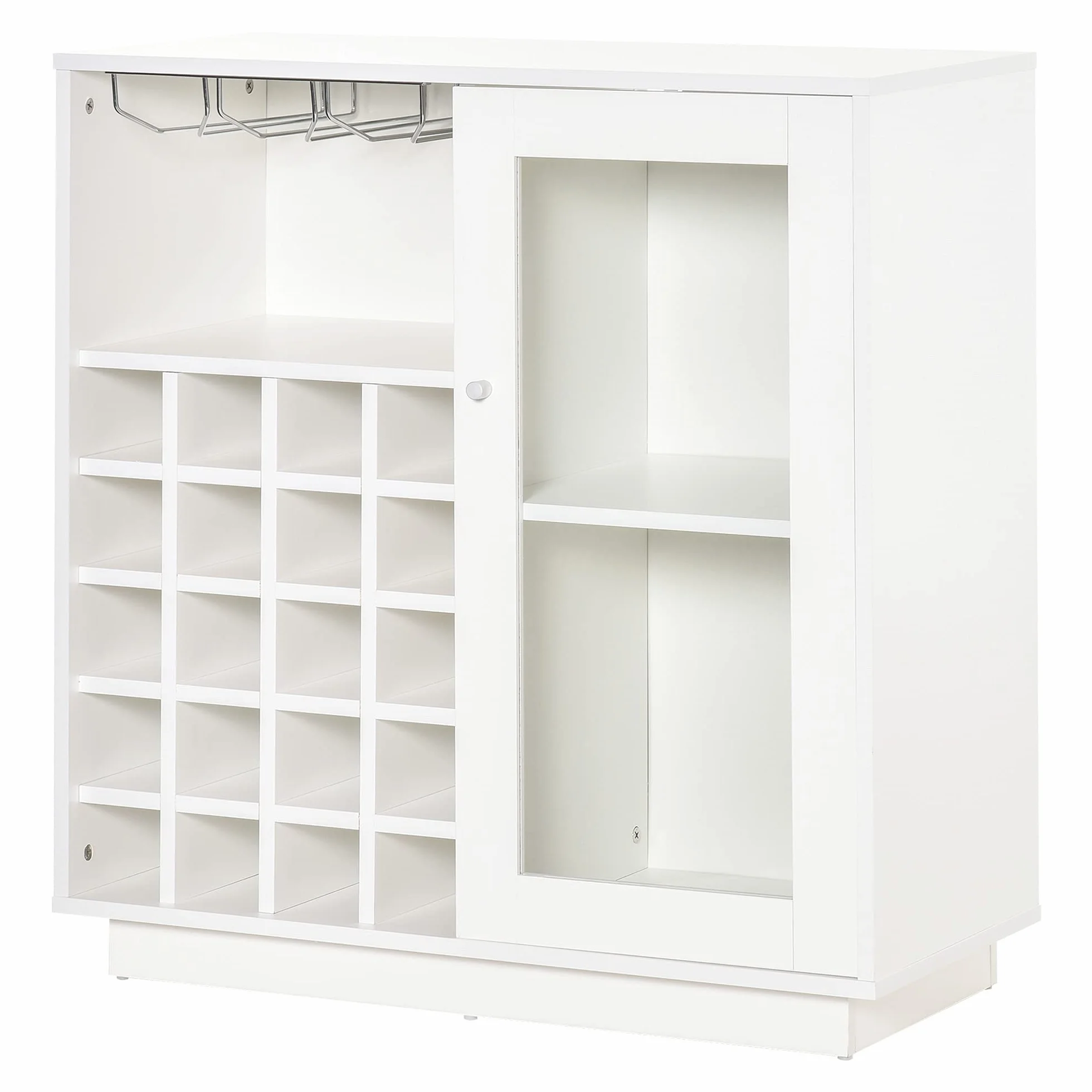 HOMCOM Mobile Portabottiglie per 20 Bottiglie, Porta Vini con Anta in Vetro, Cantinetta Portabottiglie con Porta Calici e Armadietto, 80x36x85 cm, Bianco