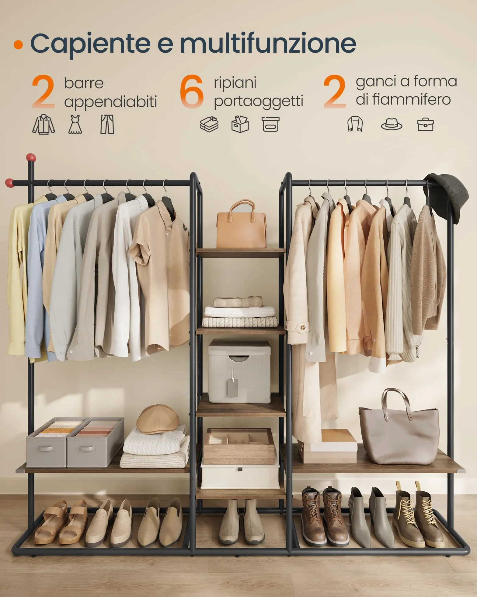 SONGMICS HOME Stand Appendiabiti, Guardaroba Aperto, 6 Ripiani Portaoggetti, 2 Barre, Ganci a Forma di Fiammifero, Armadio Camera da Letto, Noce Naturale e Nero Inchiostro RGR012B01