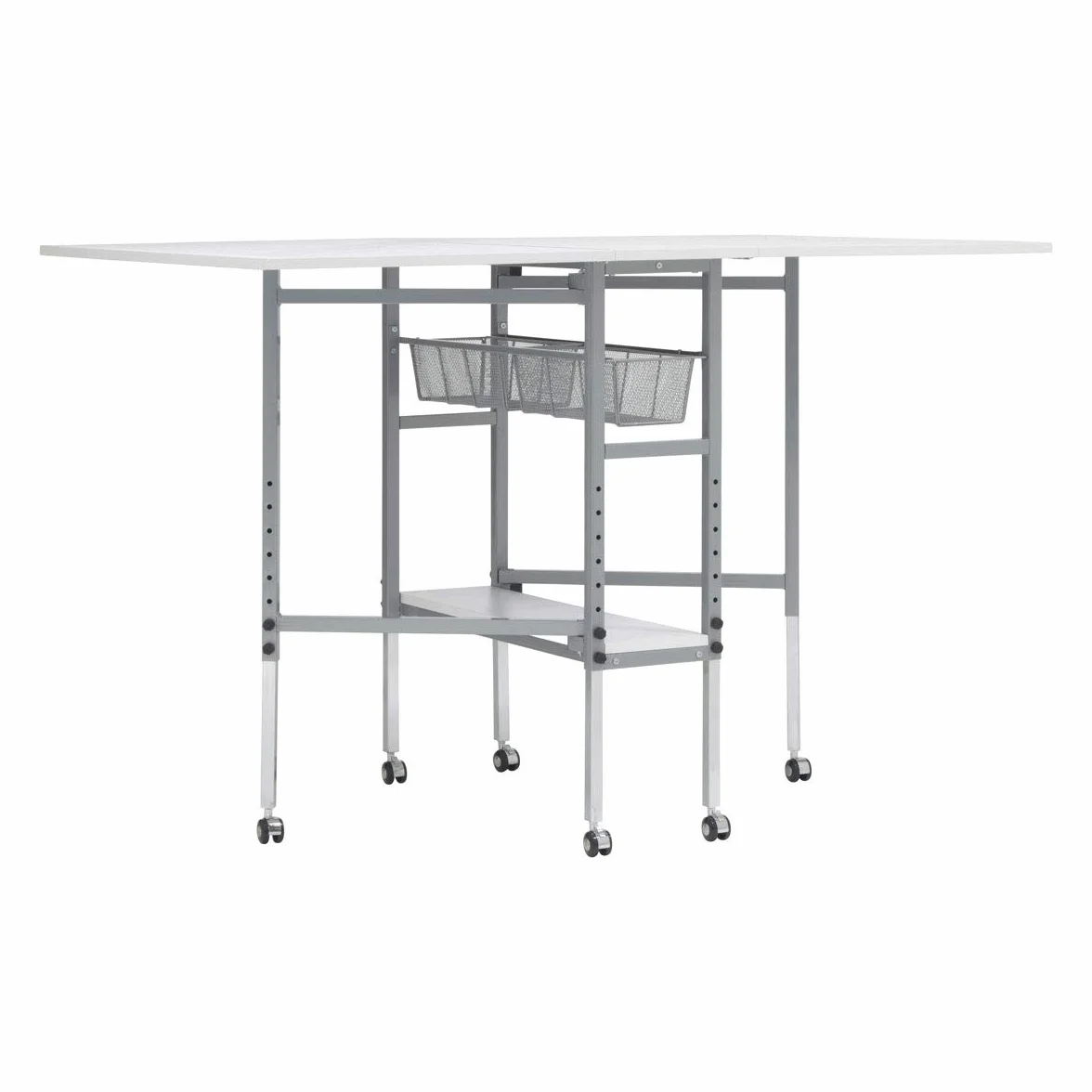 Tavolo da taglio per quilting/taglio tessuti online, piano a griglia con gambe e ruote color argento - Altezza regolabile, tavolo pieghevole per lavori manuali con due ribalte, mobile - 13386