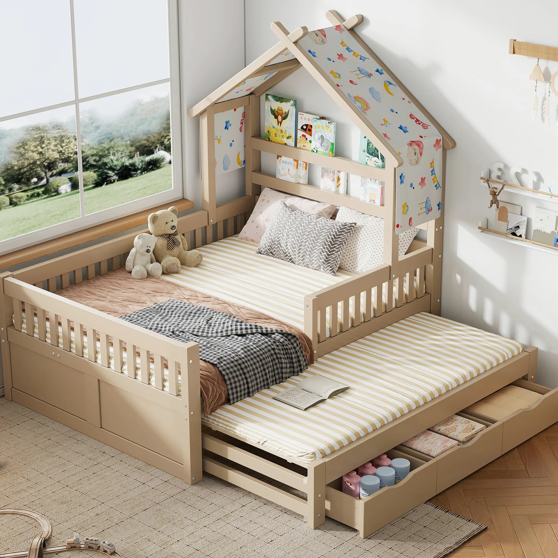 Letto Casetta per Bambini 140 x 200cm con Letto Estraibile, 3 Cassetti e Sponde di Sicurezza, Letto a Forma di Casa con Rete a doghe, Struttura letto in pino (Senza Materasso) Crema