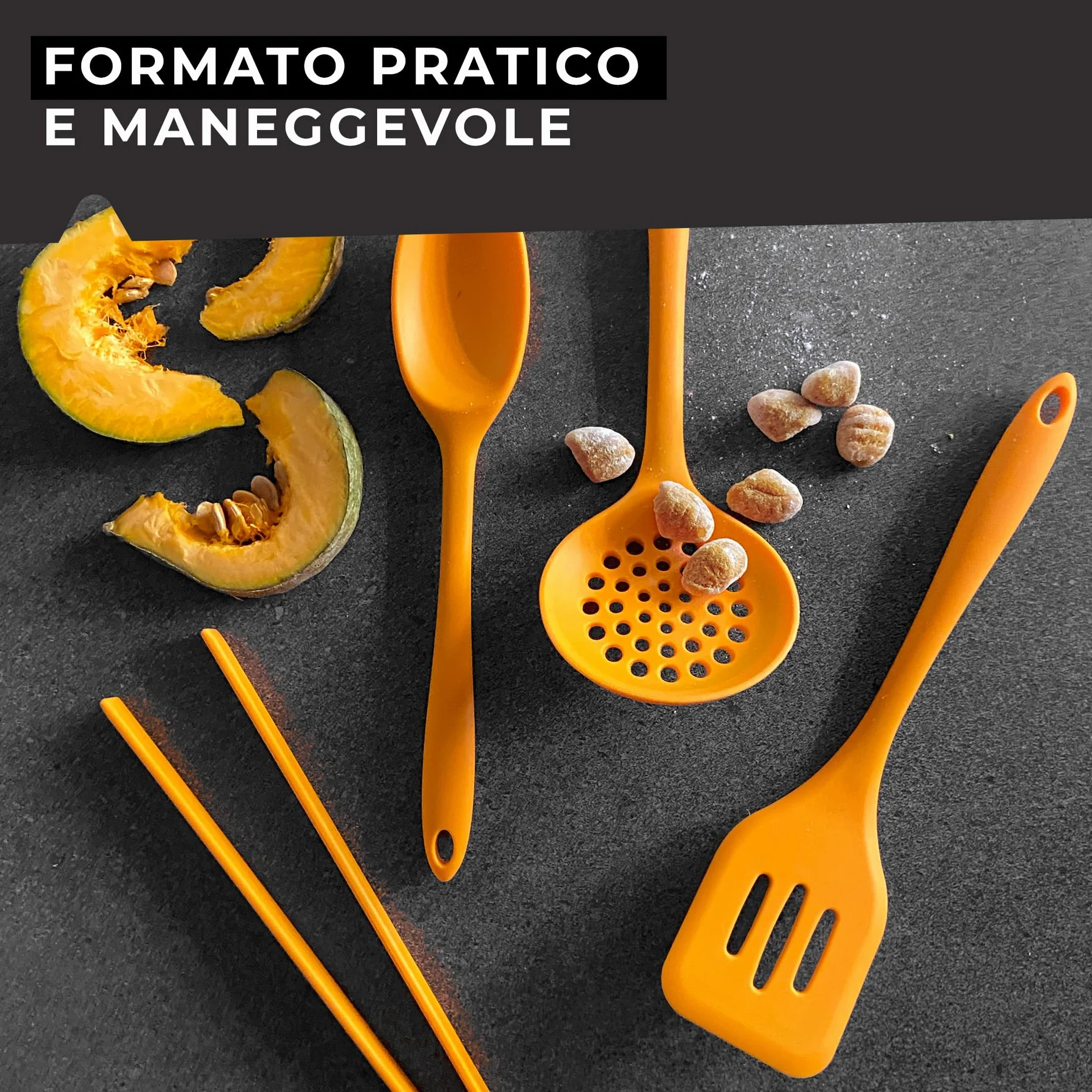 Paletta fritti forata in silicone, 29 x 7 x 1,5 cm, Soft Collection, (colore: nero o arancione), quantità: 1 pezzo.