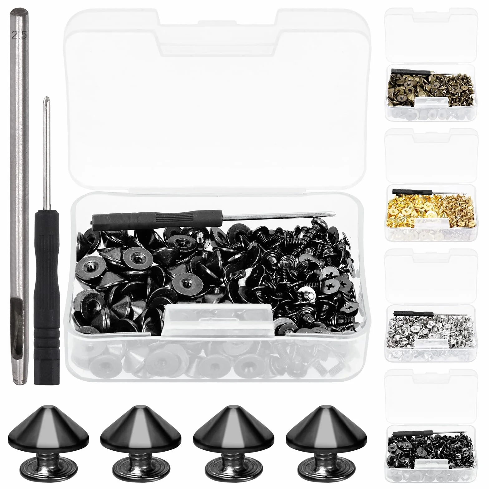 Swpeet Set di 102 punte a cono Gun Black e borchie con perforatore e cacciavite, viti per rivetti rapidi per artigianato in pelle, punte a cono Bullet Cone per abbigliamento, scarpe, artigianato in