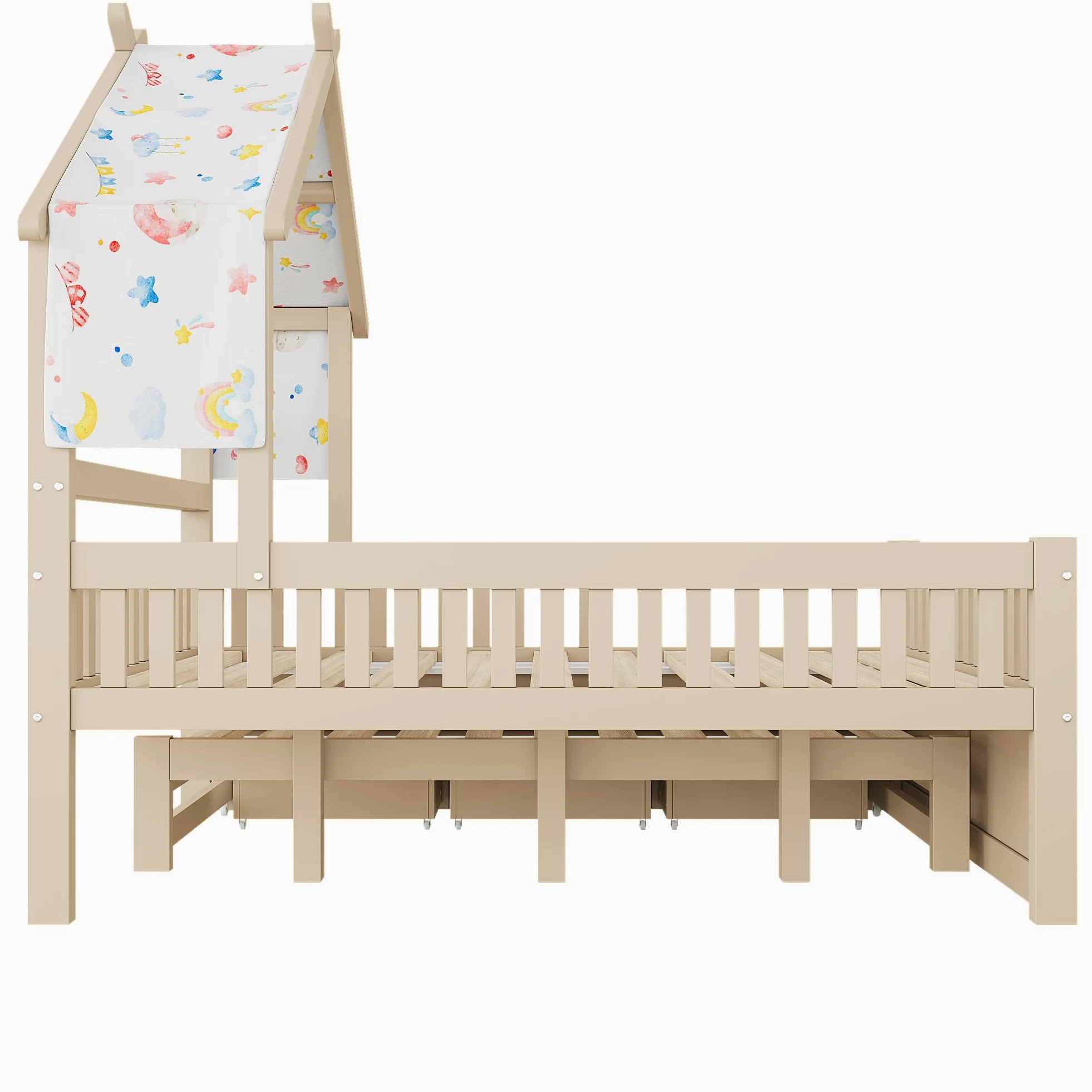 Letto Casetta per Bambini 140 x 200cm con Letto Estraibile, 3 Cassetti e Sponde di Sicurezza, Letto a Forma di Casa con Rete a doghe, Struttura letto in pino (Senza Materasso) Crema