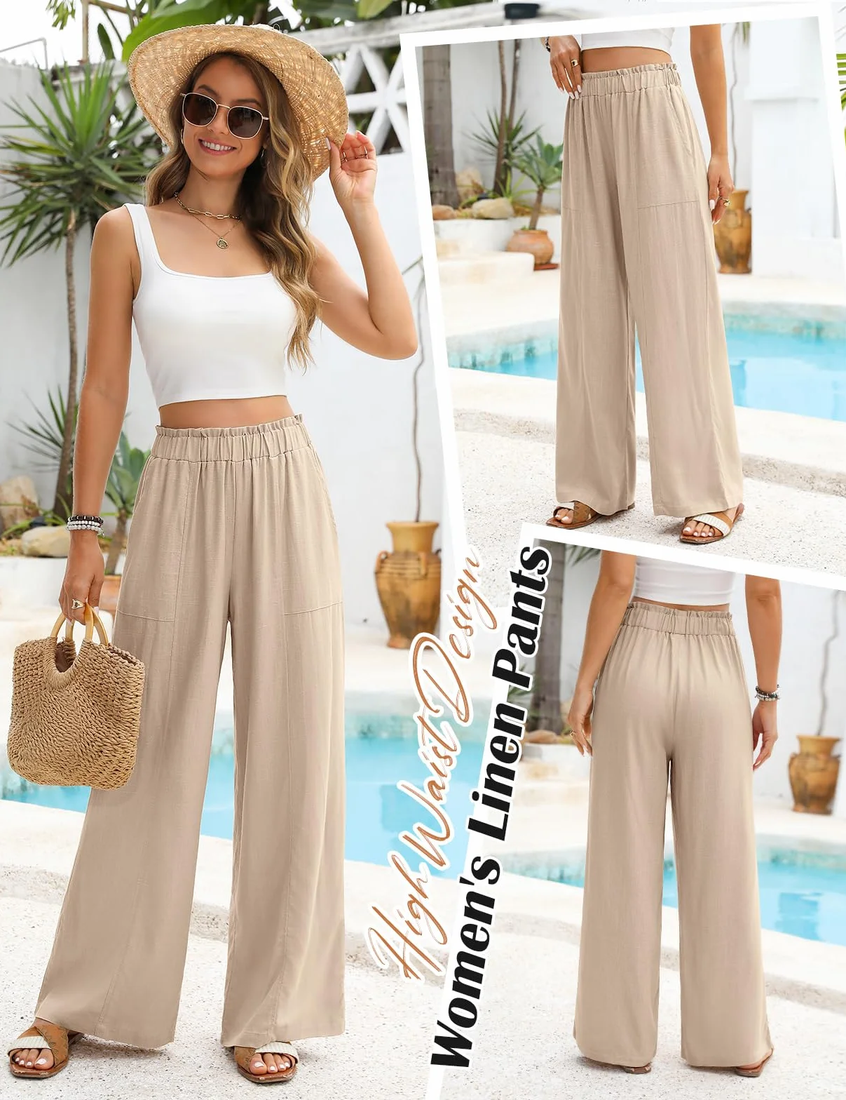 Pantaloni Lino Donna Estivi Pantaloni Larghi Leggeri Elastico Vita Alta Pantaloni di Lino Eleganti Casual da Spiaggia Comodi Pantaloni Tinta Unita con Tasche