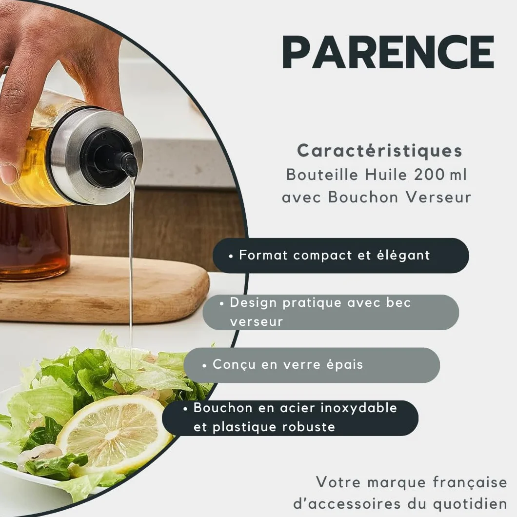PARENCE.- Flacone per olio da 200 ml con tappo versatore - Dosatore in vetro e acciaio inox - Contenitore per olio, aceto, salsa - 6,5x6,5x12,5 cm - Versamento preciso e senza gocciolamento