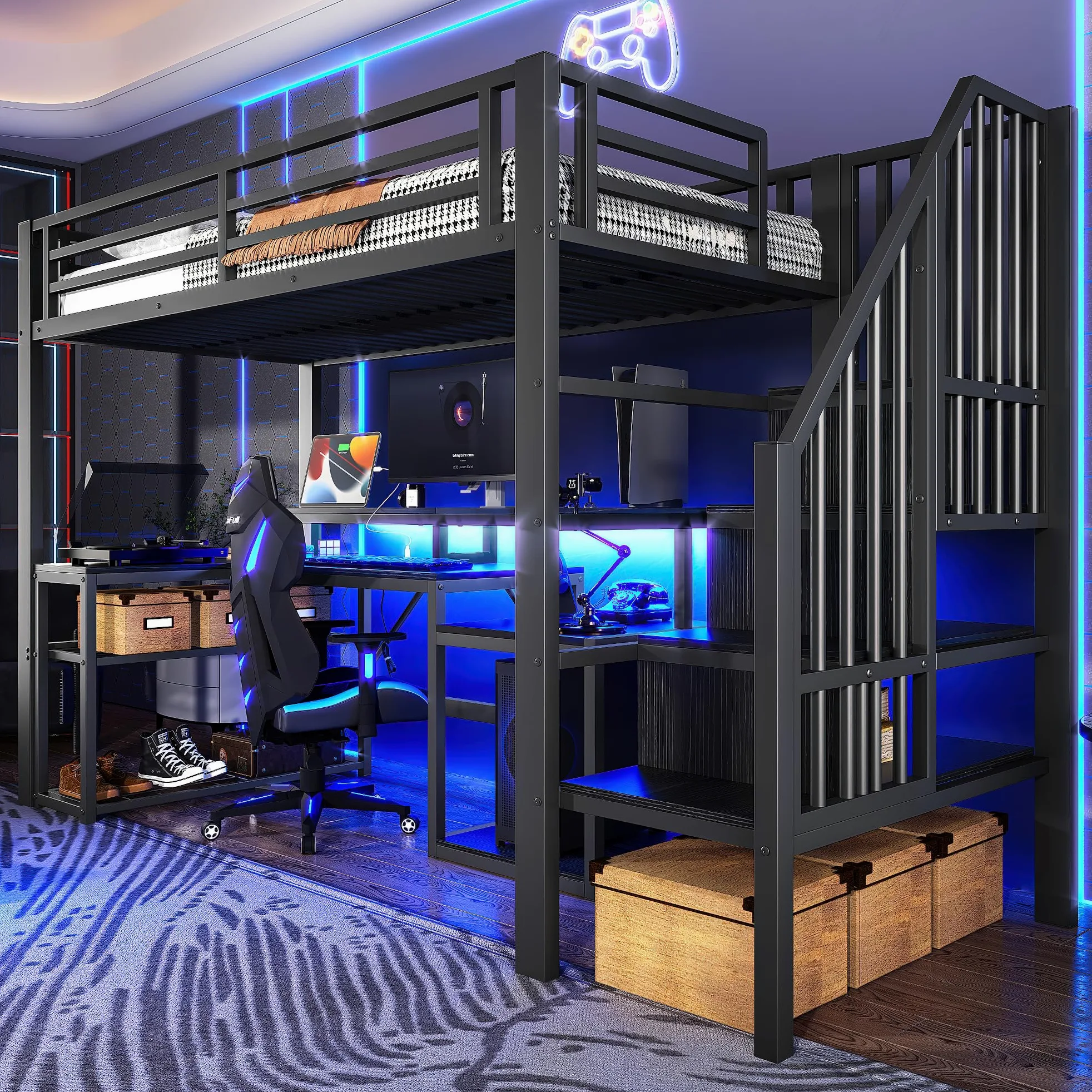 Lubvtti Letto a soppalco in ferro 90 x 200 con luminosa a LED,scrivania,porta USB,vano contenitore,scala con spazio contenitore,letto a castello per bambini,struttura letto per bambini,Nero